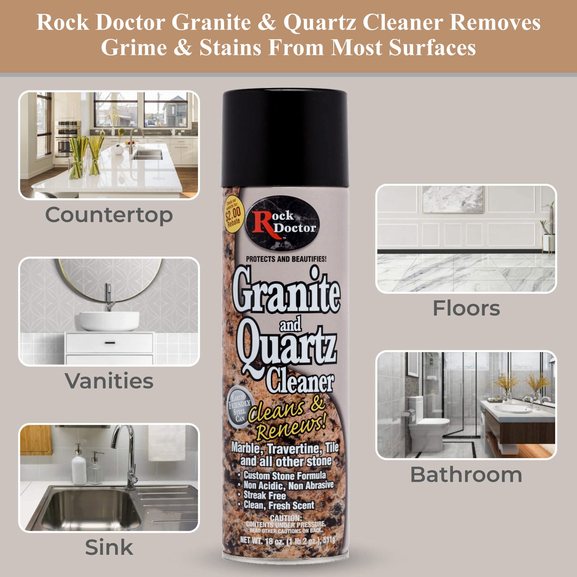 Rock Doctor Granite Cleaner, Cleans& Renews Surfaces, Granite/Marble Countertop Cleaner, Cleaning Spray for Vanity, Table Top, Kitchen Counters, Stone Surfaces 18 Fl Oz Pack of 2