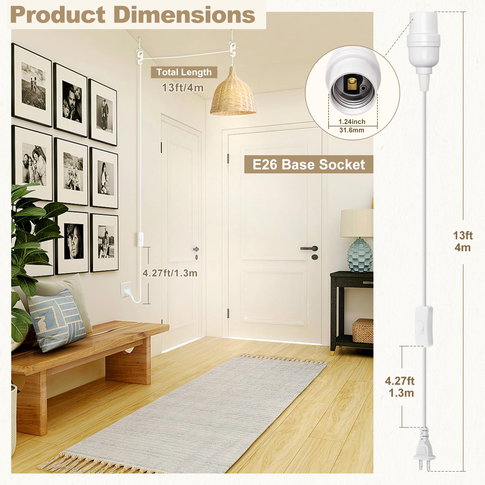 DiCUNO Hanging Lantern Extension Cord Cable, E26 Pendant Light Socket On Off Inline Cord Switch Control Lamp, Switch Close to Polarized Plug, 13 Feet, White, 1-Pack
