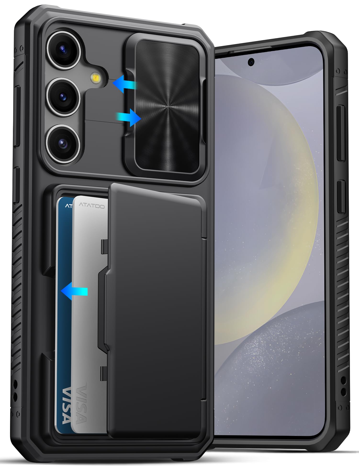 ATATOO for Samsung Galaxy S24 Case Wallet, Built-in Card Holder(Store 4-5 Cards) & Slide Camera Cover & Kickstand, Military Grade Protection, Rugged Silicone Case for Galaxy S24 6.2" 2024, Black