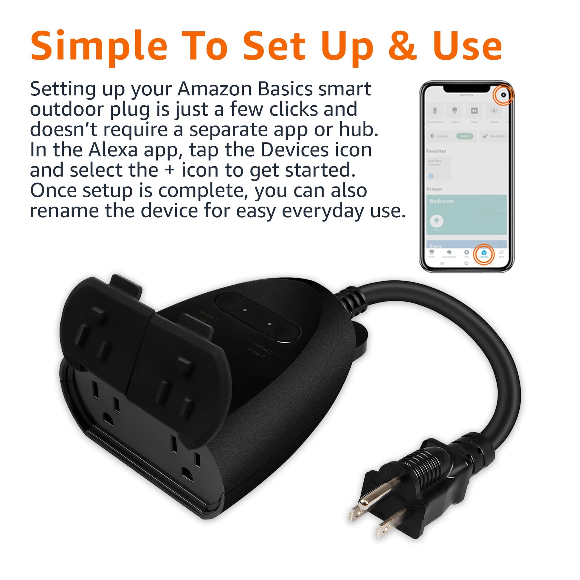 Amazon Basics Outdoor Smart Plug with 2 Individually Controlled Outlets, Works with Alexa Only, 2.4 GHz Wi-Fi, No Hub Required, Black
