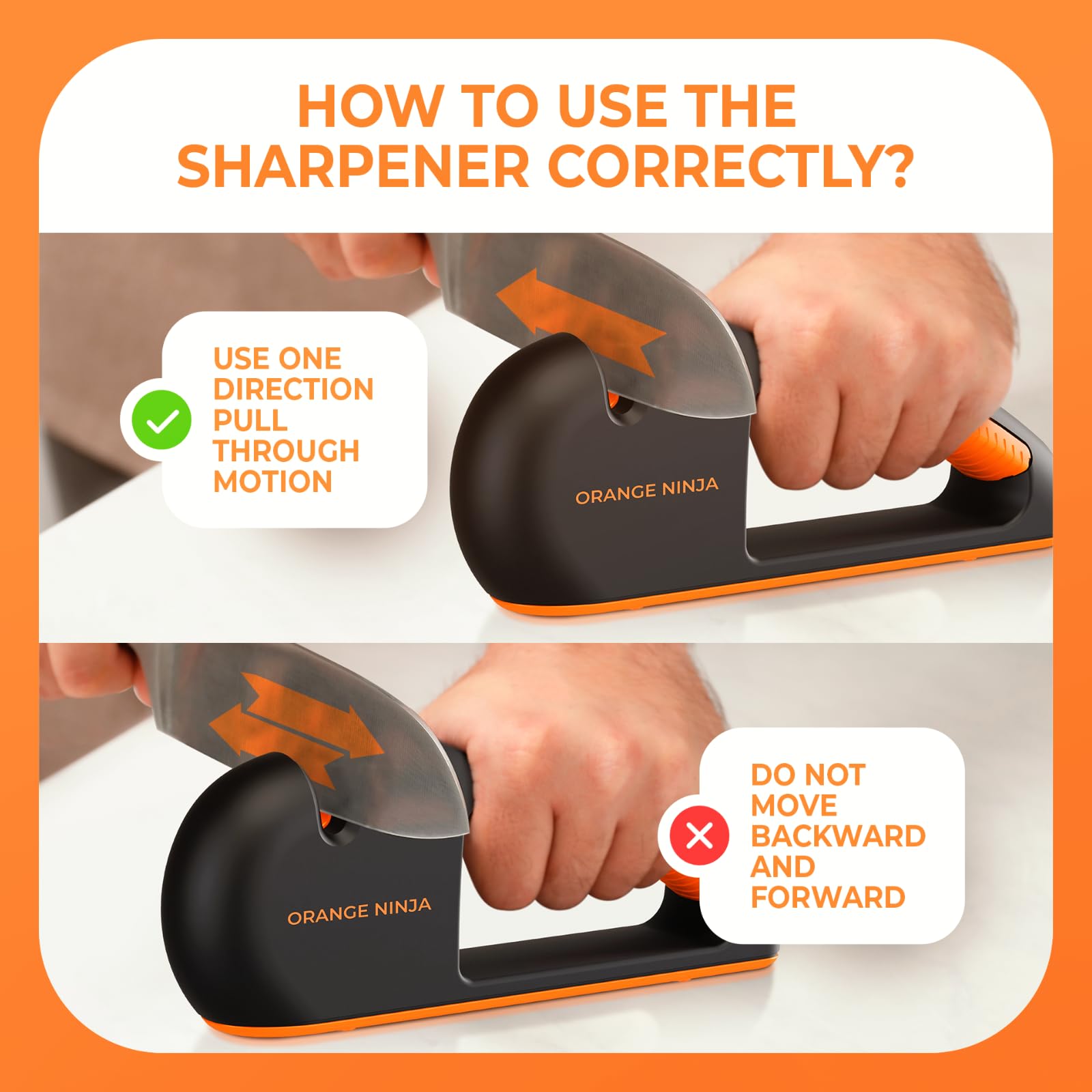 Orange Ninja 4-Stage Knife Sharpener & Serrated Knife Sharpener– Repairs, Sharpens & Polishes Blades with Ergonomic Non-Slip Grip by Sharp Pebble