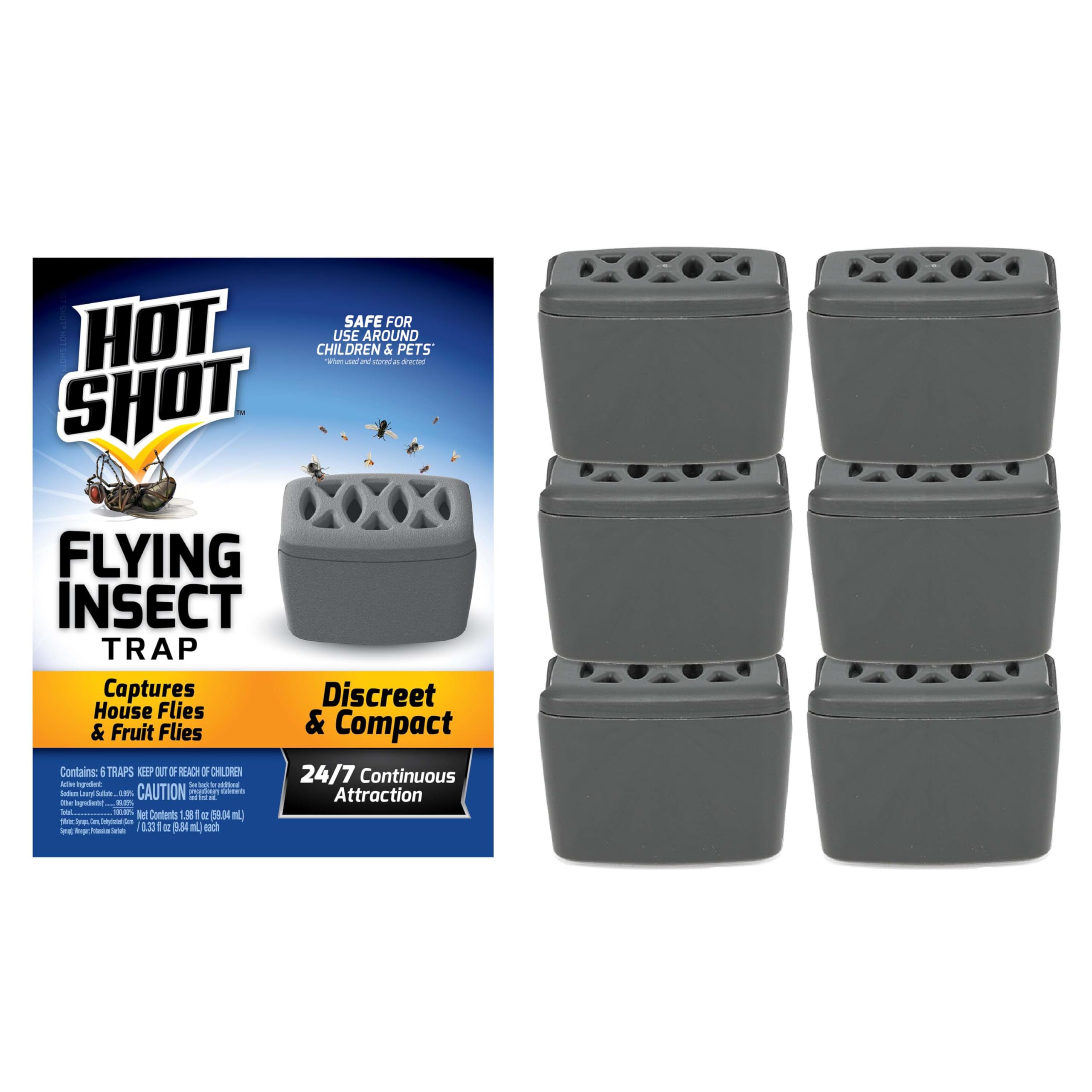 Hot Shot Flying Insect Trap, Discreet, Trap Attracts and Captures House Flies and Fruit Flies, 24/7 Continuous Attraction, No Plug-in Or Electricity Needed, 6 Count