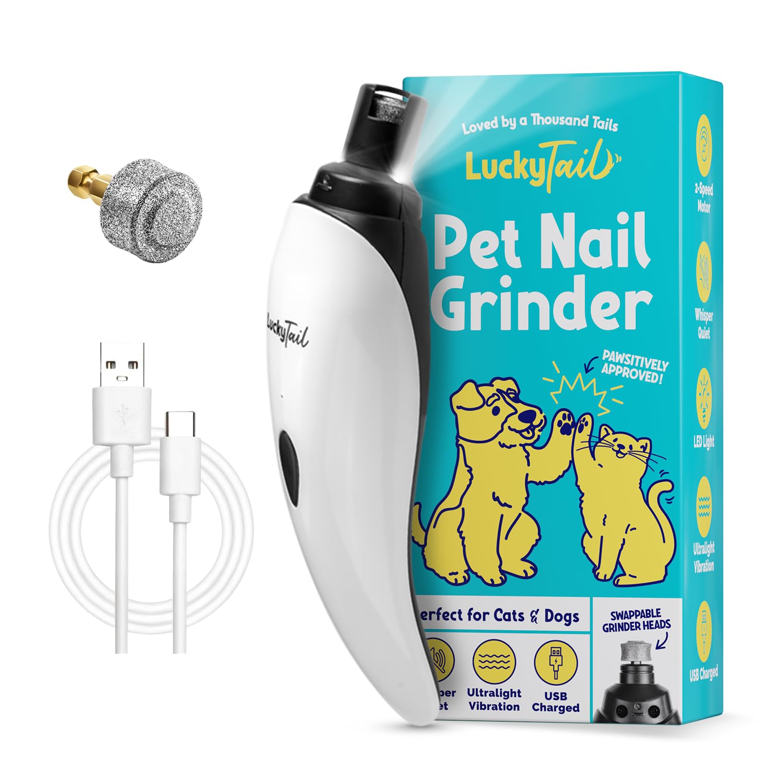 LuckyTail Pet Nail Grinder for Dogs and Cats - Super Quiet and Low Vibration Electric Dog Nail Grinder with 2 LED Lights - USB Rechargeable and Cordless - 2 Speeds - Small to Large Pets