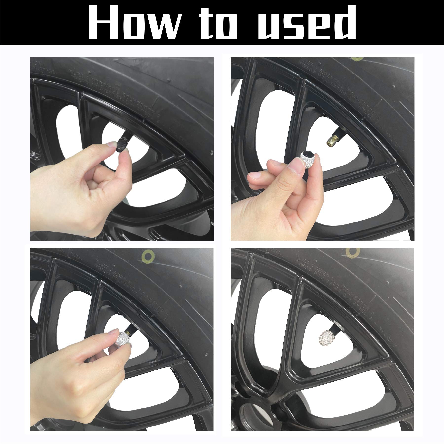 JUSTTOP 4 Pack Handmade Crystal Rhinestone Tire Valve Stem Caps, Wheel Tire Valve, Attractive Dustproof Bling Car Accessories, Universal for Cars, Trucks and Motorcycles-White