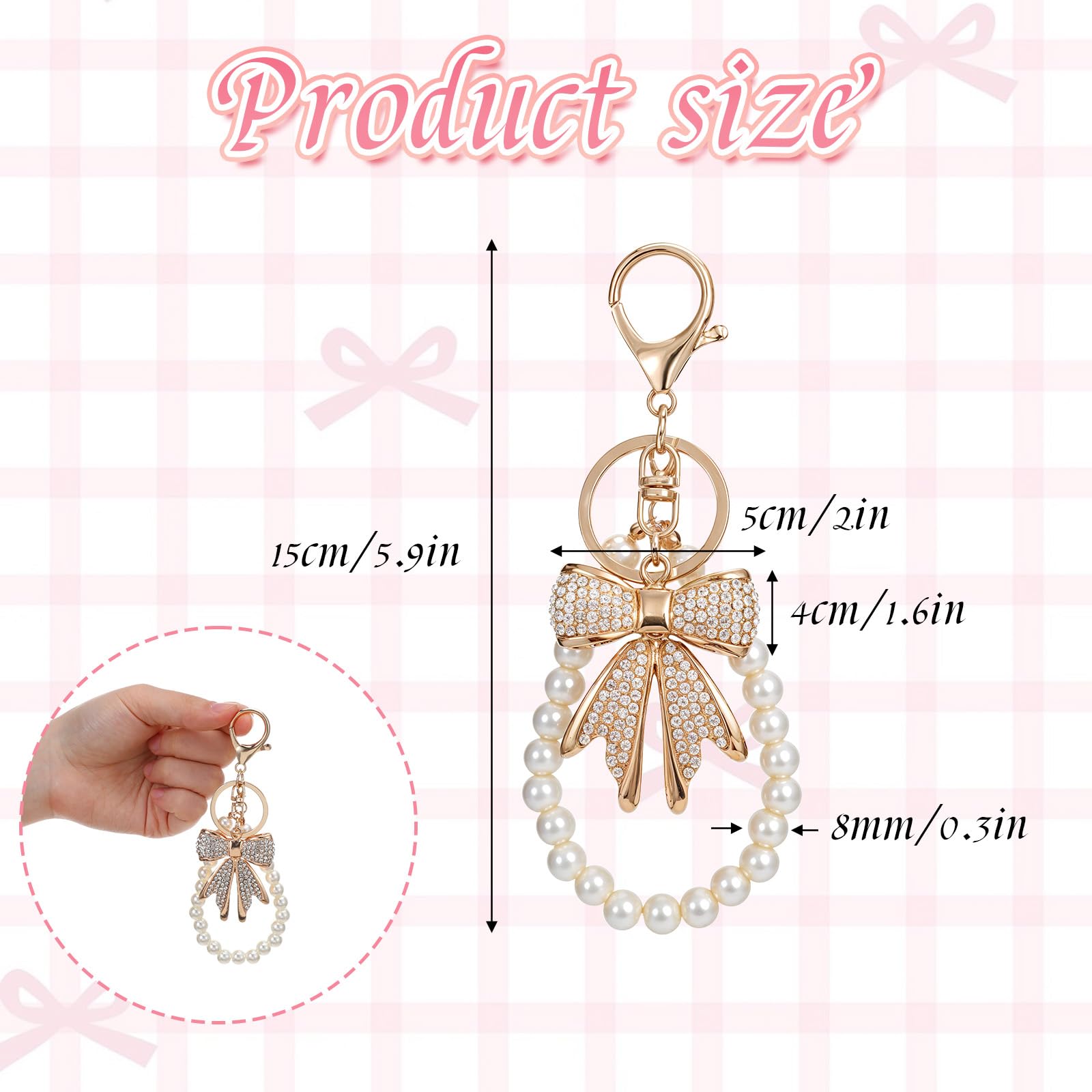 Lnngub Bow Keychain White Rhinestone Bowknot Keychain Imitation Pearl Chains Sparkly Bow Purse Charm Bag Charms for Handbags Purse Backpacks Handbag Charms Keychain Accessories for Women,2 Pcs