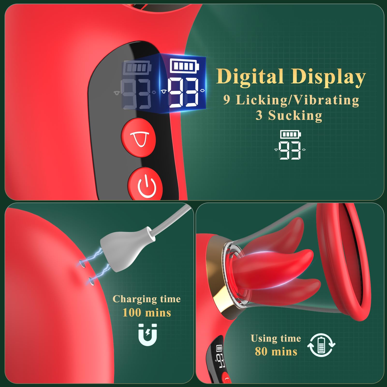Gasevimo Vibrator Adult Sex Toys for Women - 5IN1 Sucking Vibrator Rose Sex Toy, 3 Sucking, 9 Tongue Licking & Vibrating Adult SexToys, LCD Display Removable Cup Clitoral G Spot Vibrators