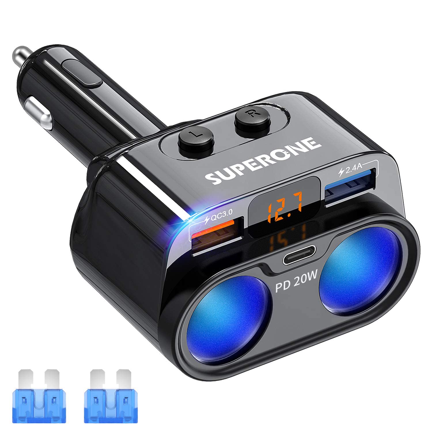 SUPERONE 200W 2-Socket Cigarette Lighter Splitter Power Adapter, USB C Car Charger with 20W Power Delivery 3.0 & QC 3.0 for iPhone 17/16 Pro Max/15/14/13/12/11 Pro/X/8, Samsung, Google Pixel and More