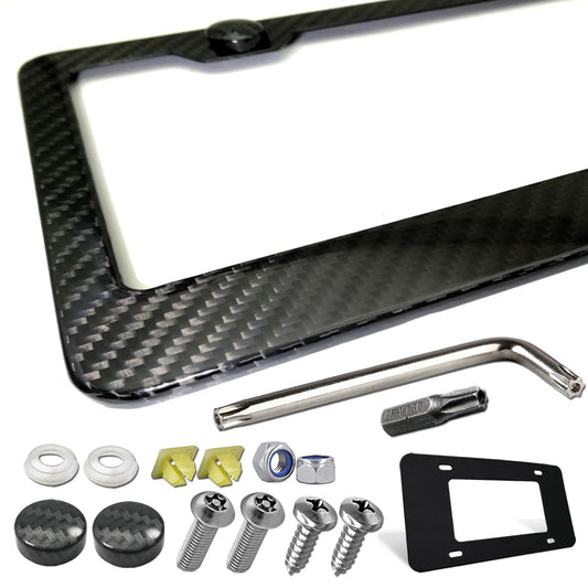 ZXFOOG Carbon Fiber License Plate Frame- 100% Handcrafted Real Carbon Fiber Cloth Wrap Holder, Wide Edge Black Stainless Steel Car Tag Cover with Stainless Steel Screws Caps, 1 Pack 2 Hole