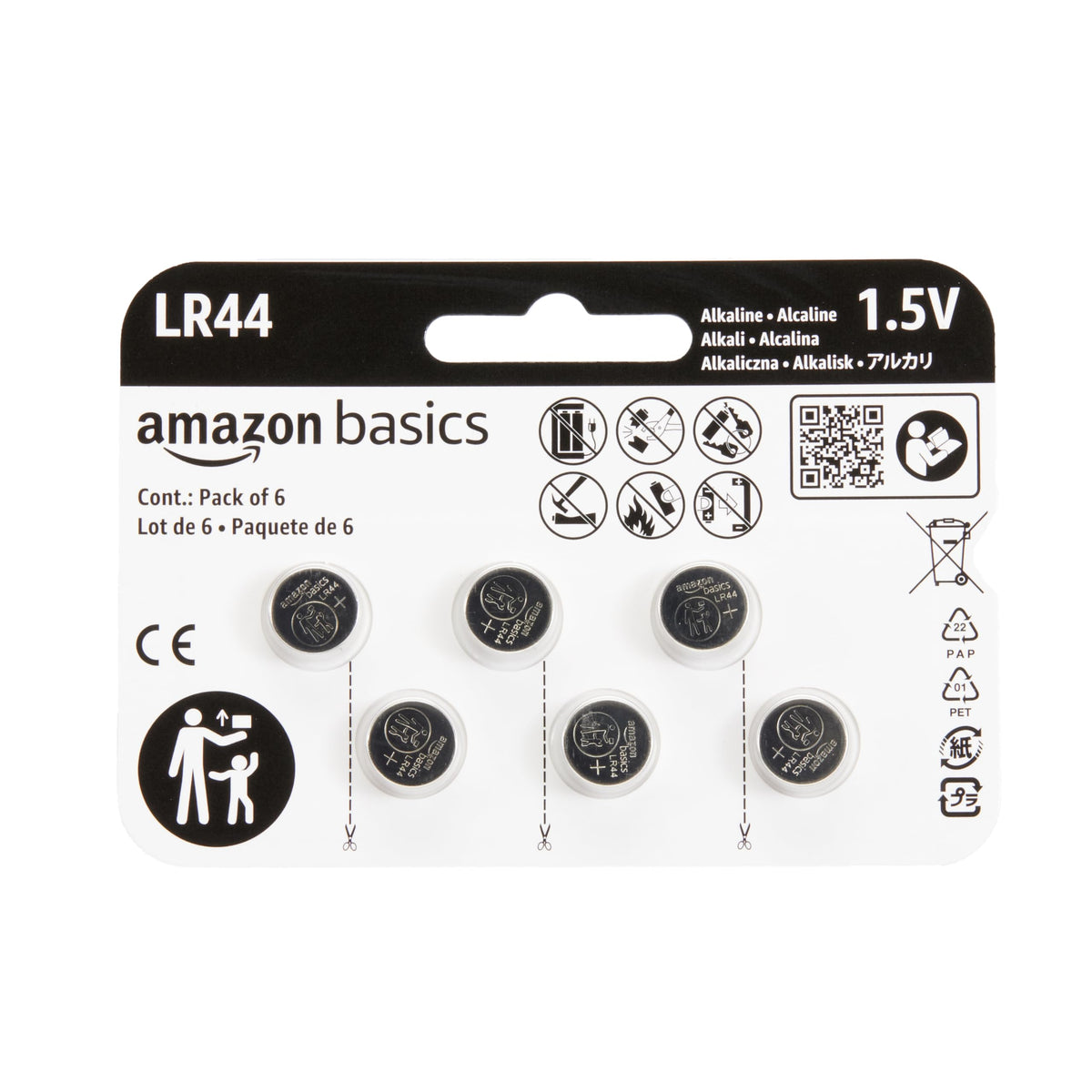 Amazon Basics 6er-Pack LR44 Alkaline-Knopfzellenbatterie, 1,5 Volt, langlebige Leistung, quecksilberfrei