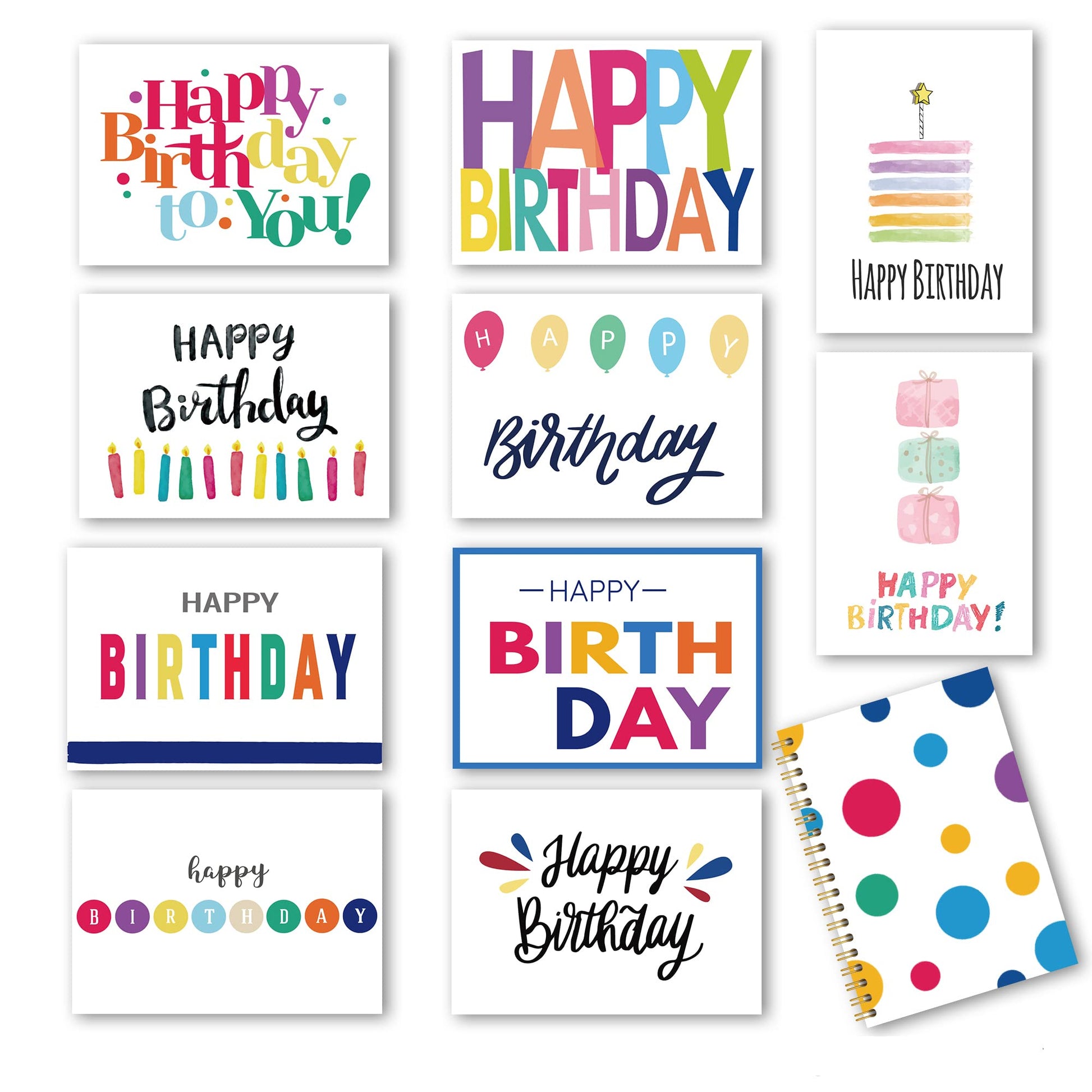 100 Birthday Cards, Happy Birthday Cards Bulk with Short Message Inside, 5x7 Inch Thick Card Stock Assorted Birthday Cards with Envelopes,10 Unique Designs Birthday Cards for Men and Women.