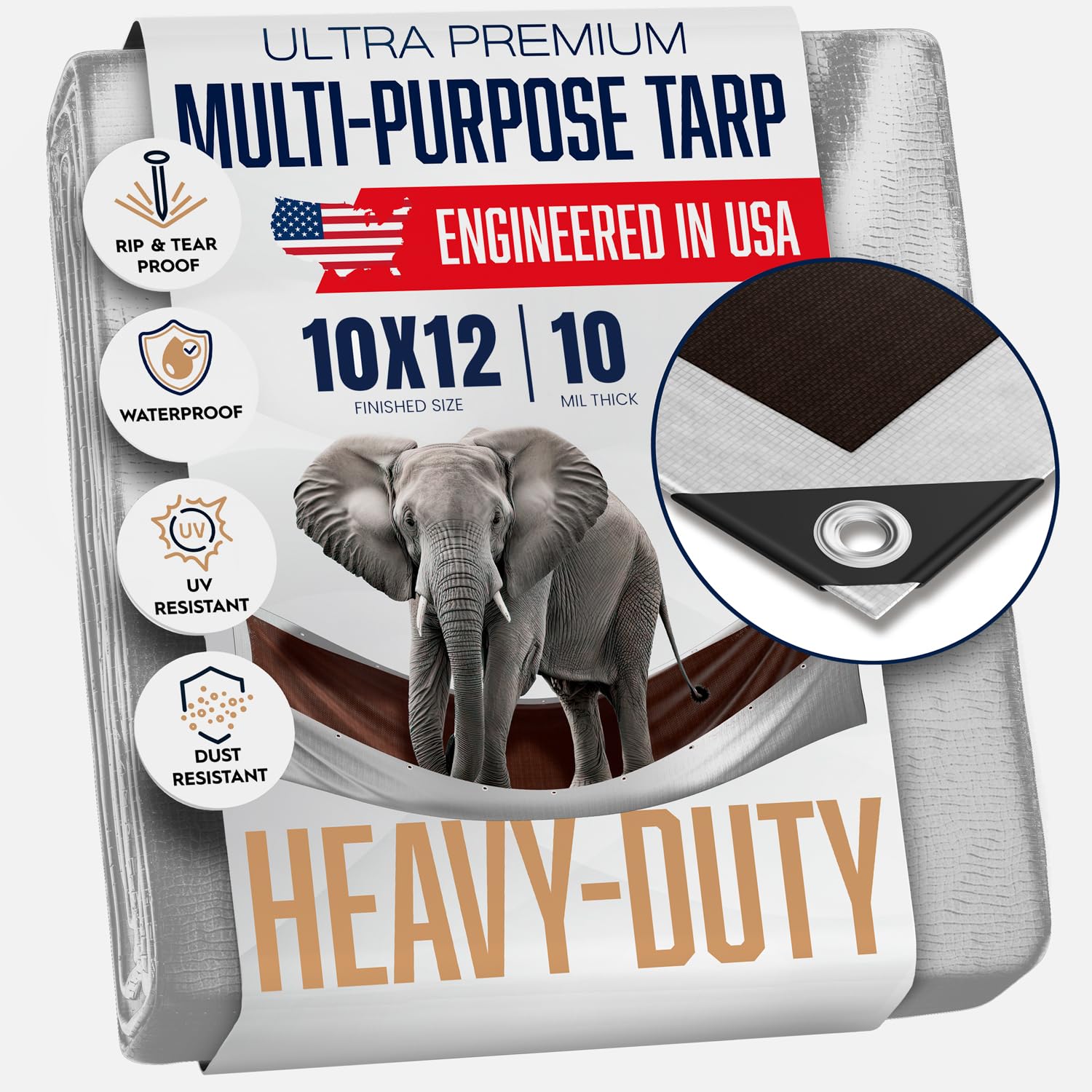 10x12 Heavy Duty Tarp, 10 Mil Thick, Waterproof, Tear & Fade Resistant, High Durability, UV Treated, Grommets Every 18 Inches. (Silver/Brown - Reversible) (10 x 12 Feet)