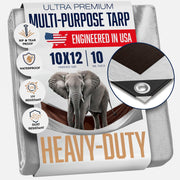10x12 Heavy Duty Tarp, 10 Mil Thick, Waterproof, Tear & Fade Resistant, High Durability, UV Treated, Grommets Every 18 Inches. (Silver/Brown - Reversible) (10 x 12 Feet)