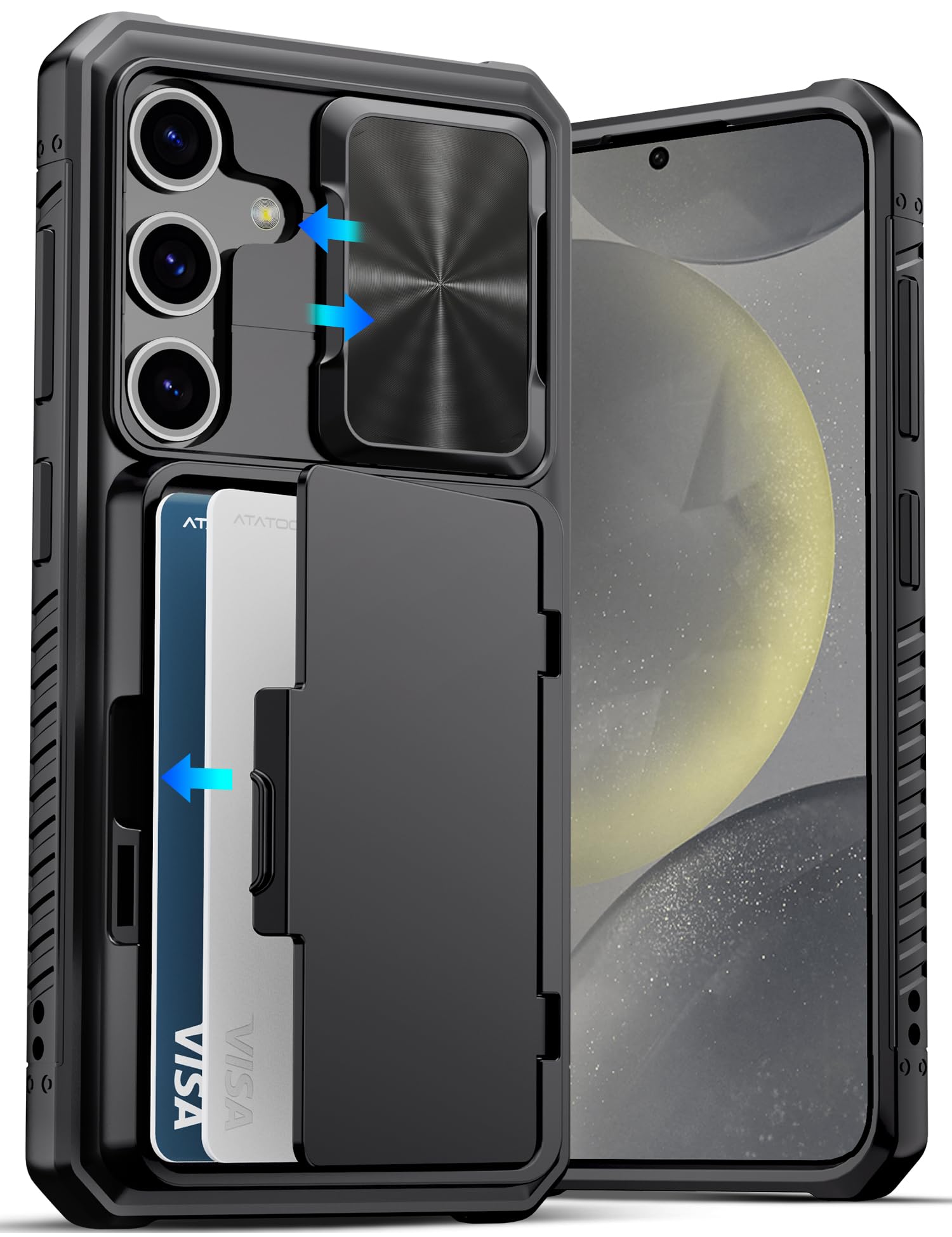 ATATOO for Samsung Galaxy S24 Case Wallet, Built-in Card Holder(Store 4-5 Cards) & Slide Camera Cover & Kickstand, Military Grade Protection, Rugged Silicone Case for Galaxy S24 6.2" 2024, Black