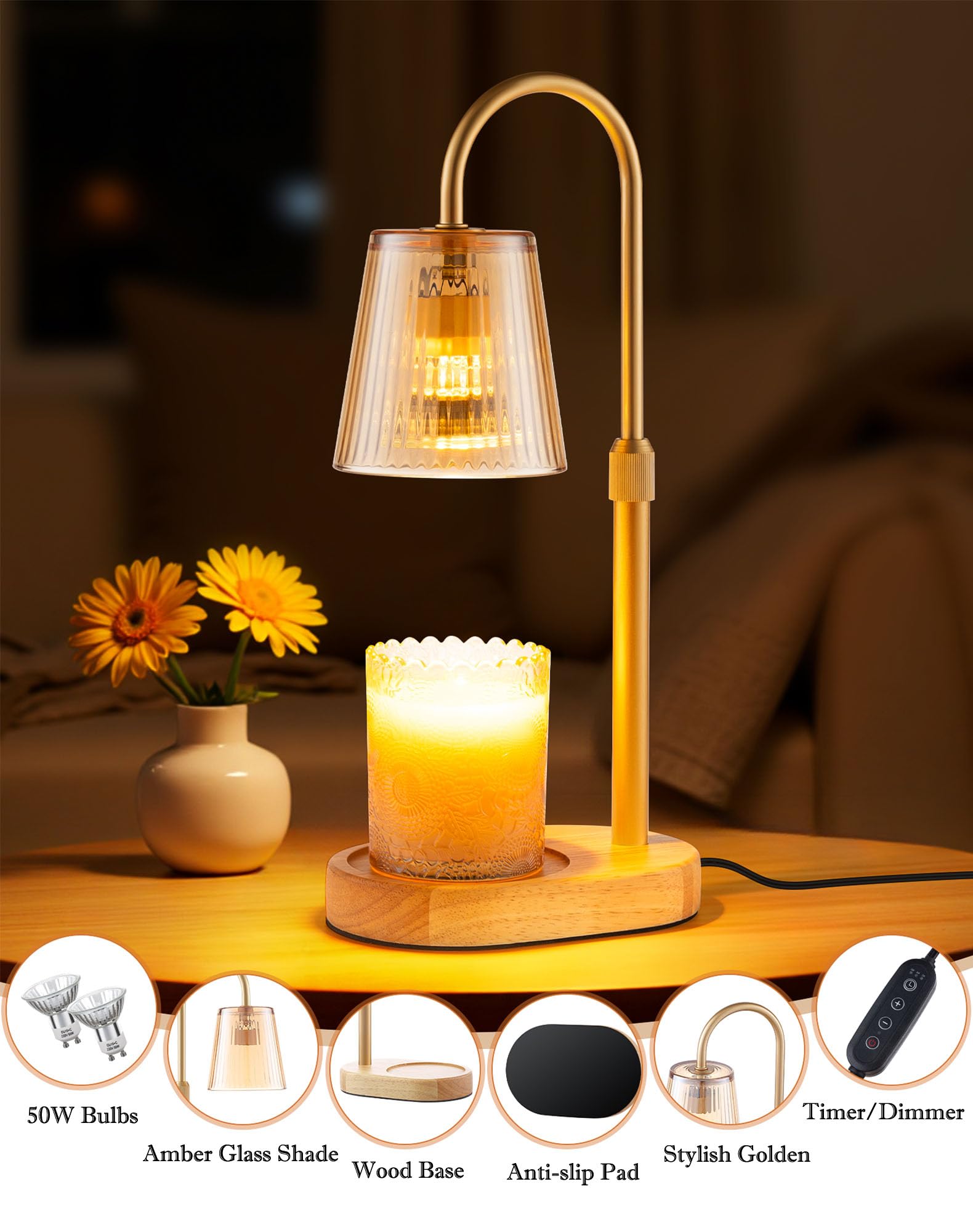 Adjustable Candle Warmer Lamp with Timer - Electric Light Wax Warming Dimmable Flameless Top Melter Heater Melting Heating Height Small Jar Candles Gifts Women Mom Birthday Home Desk Modern Decor