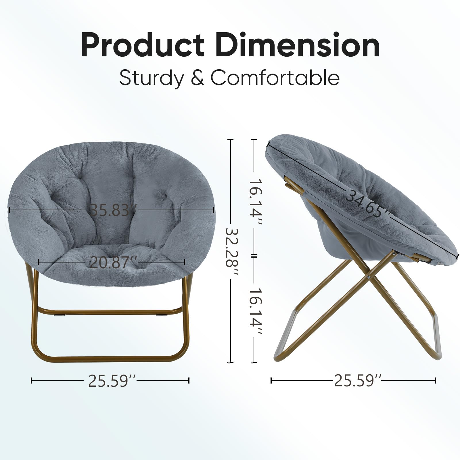 DUMOS Comfy Saucer Chairs Cozy Faux Fur Soft Lounge Cute Folding Bedroom Living Room Seat Flexible Reading Foldable Seating for Kids Adults Thick Padded Metal Frame Modern for Home Office Classic Gray