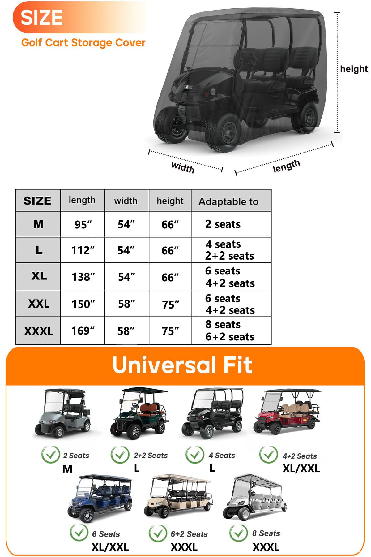 Golf Cart Cover 4 Passenger Heavy Duty, 420D Waterproof Golf Cart Covers Extended Roof Compatible with EZ GO Club Car Yamaha Golf Carts, Outdoor Dustproof 4 Seat Club Car Cover (Up to 112 Inch)