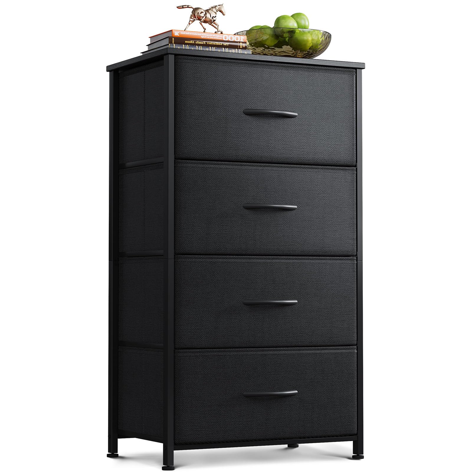AODK Dresser for Bedroom with 4 Storage Drawers, Small Dressers Chest of Drawers Fabric Dresser with Sturdy Steel Frame, Black