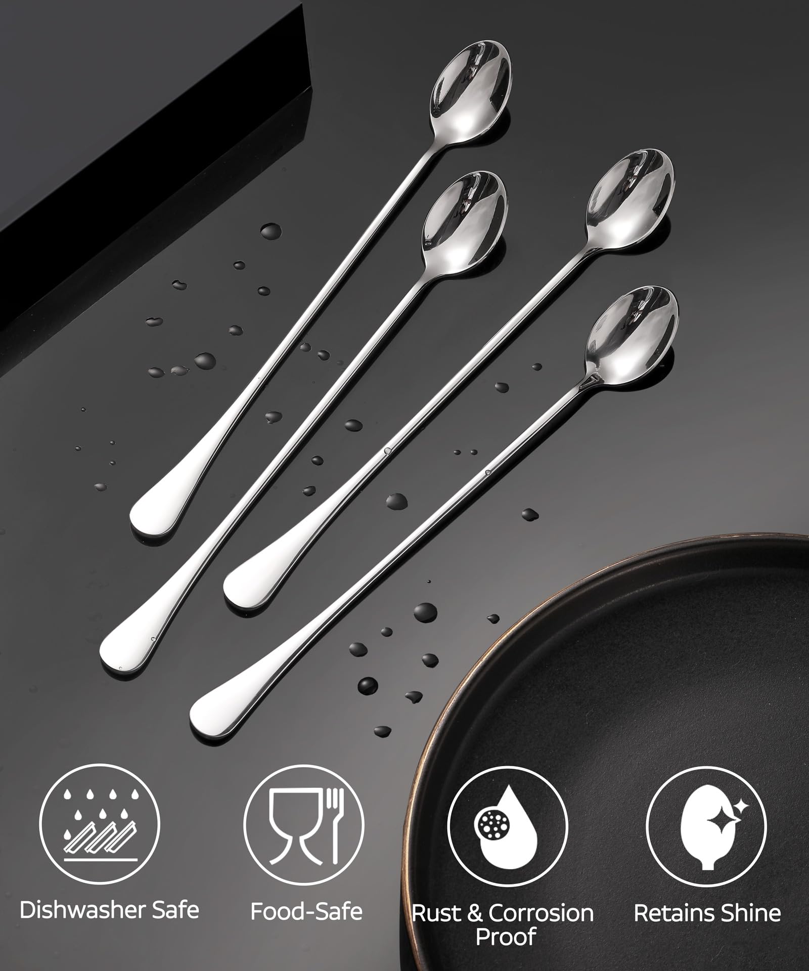 Lovingly Yours 9.5-Inch Long Spoon for Stirring, Ice Cream, Coffee, Cocktail, Stainless Steel Long Handle Iced Tea Spoons Set of 4