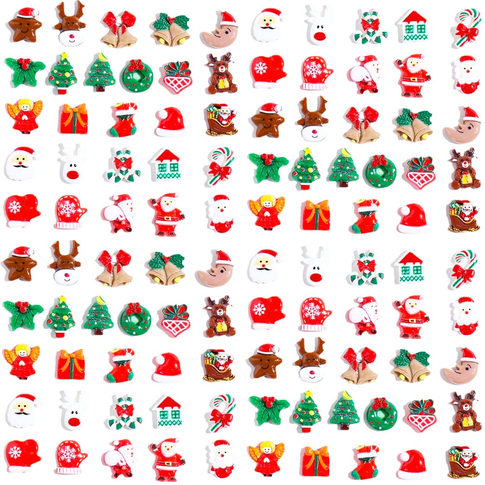 100pcs Christmas Slime Flatback Charms, Assorted Craft Resin Ornaments Miniature Ornaments Set, Santa Snowman Tree Bell Resin Decoration for Craft Making, Ornament Scrapbooking DIY Crafts