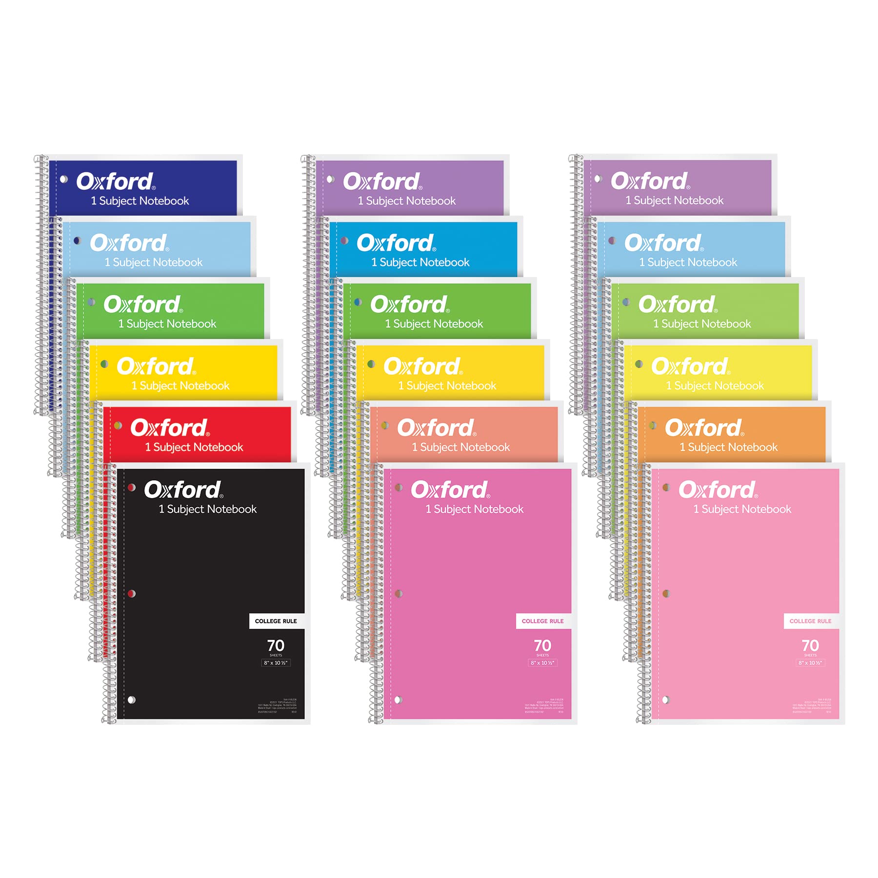 Oxford Spiral Notebook 18 Pack, Bulk College Ruled Spiral Notebooks for School, 1 Subject, College Ruled Paper, 8 x 10-1/2 Inches, 3-Hole Punch, Assorted Colors, 70 Sheets (65206)