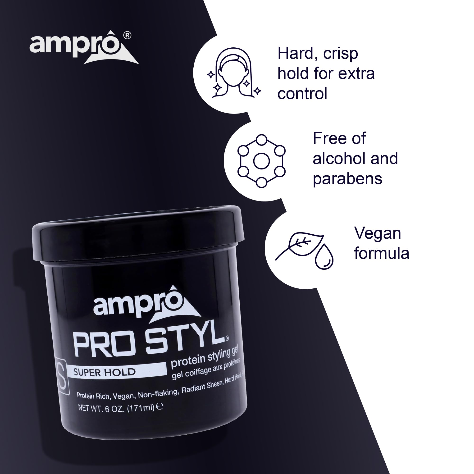AmPro Pro Styl Styling Gel - Protects and Strengthens Your Strands - Non-Flaking, Alcohol Free, Vegan Formula - Flexible, Touchable Hold for All Hair Textures - Super Hold - 6 oz