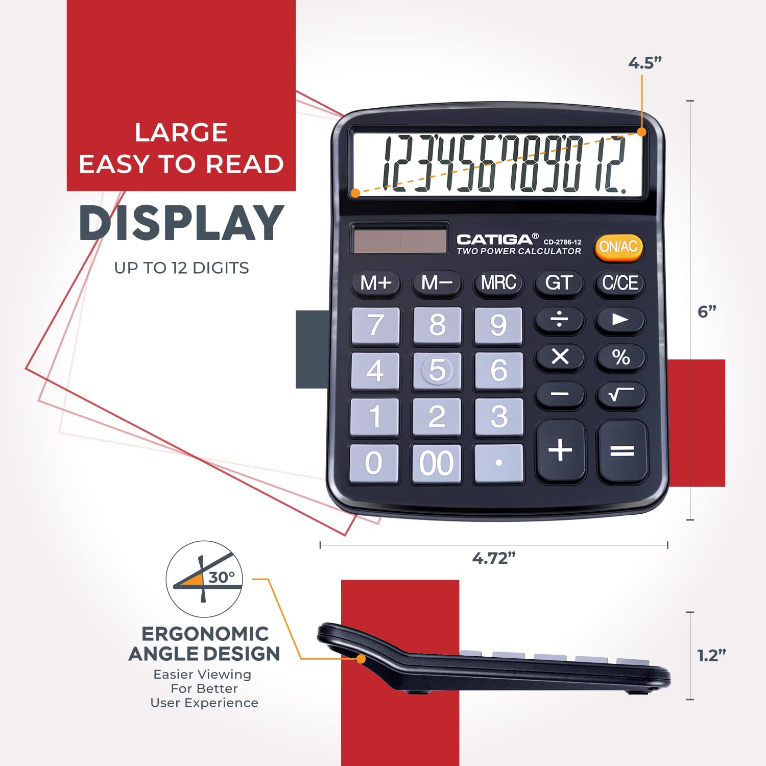 CATIGA 12 Digits Desktop Calculator with Large LCD Display and Sensitive Button, Dual Solar Power and Battery, Standard Function for Office, Home, School, CD-2786