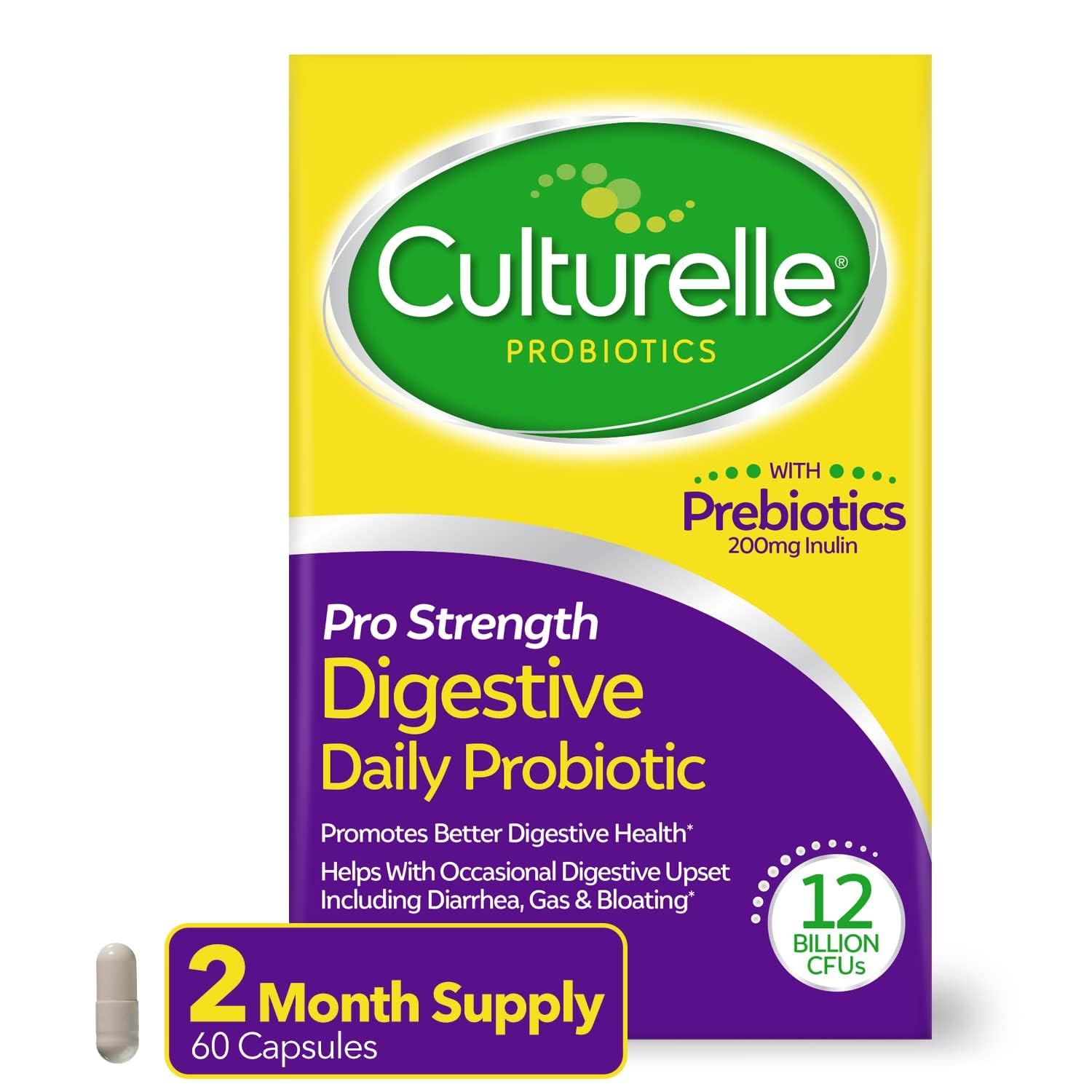 Culturelle Pro Strength Tägliche Probiotika für die Verdauungsgesundheit (2 Monatsvorrat) mit Präbiotika für Frauen und Männer, unterstützt gelegentlichen Durchfall, Blähungen & Völlegefühl, gluten- und sojafrei, 60 Kapseln