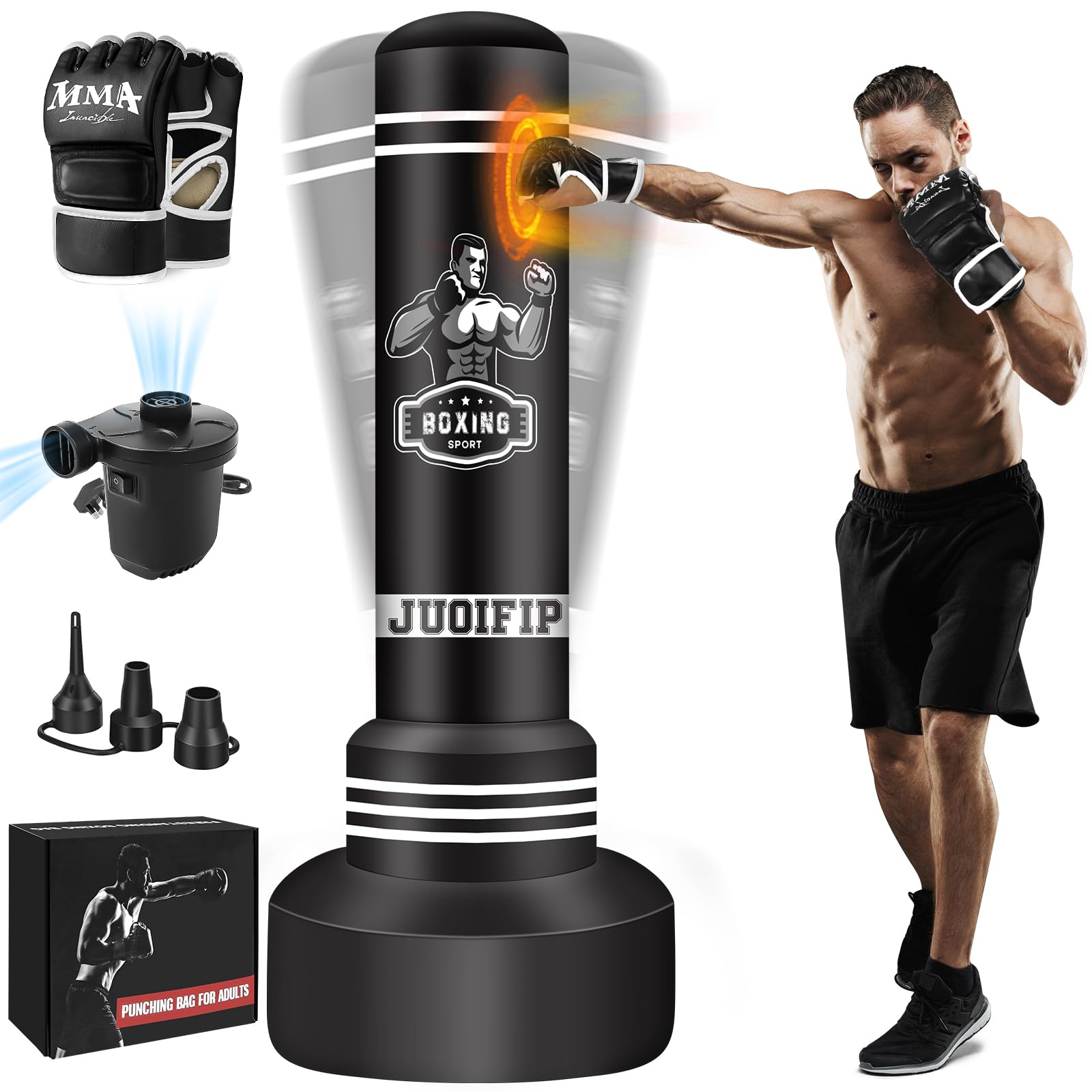 Freistehender Boxsack für Erwachsene, 178 cm Boxsack mit Standfuß, Tretsack, schwerer Sandsack mit Boxhandschuhen und elektrischer Luftpumpe, Kickboxsack für Damen und Herren, für Anfänger, Training, MMA, Muay Thai, Fitness