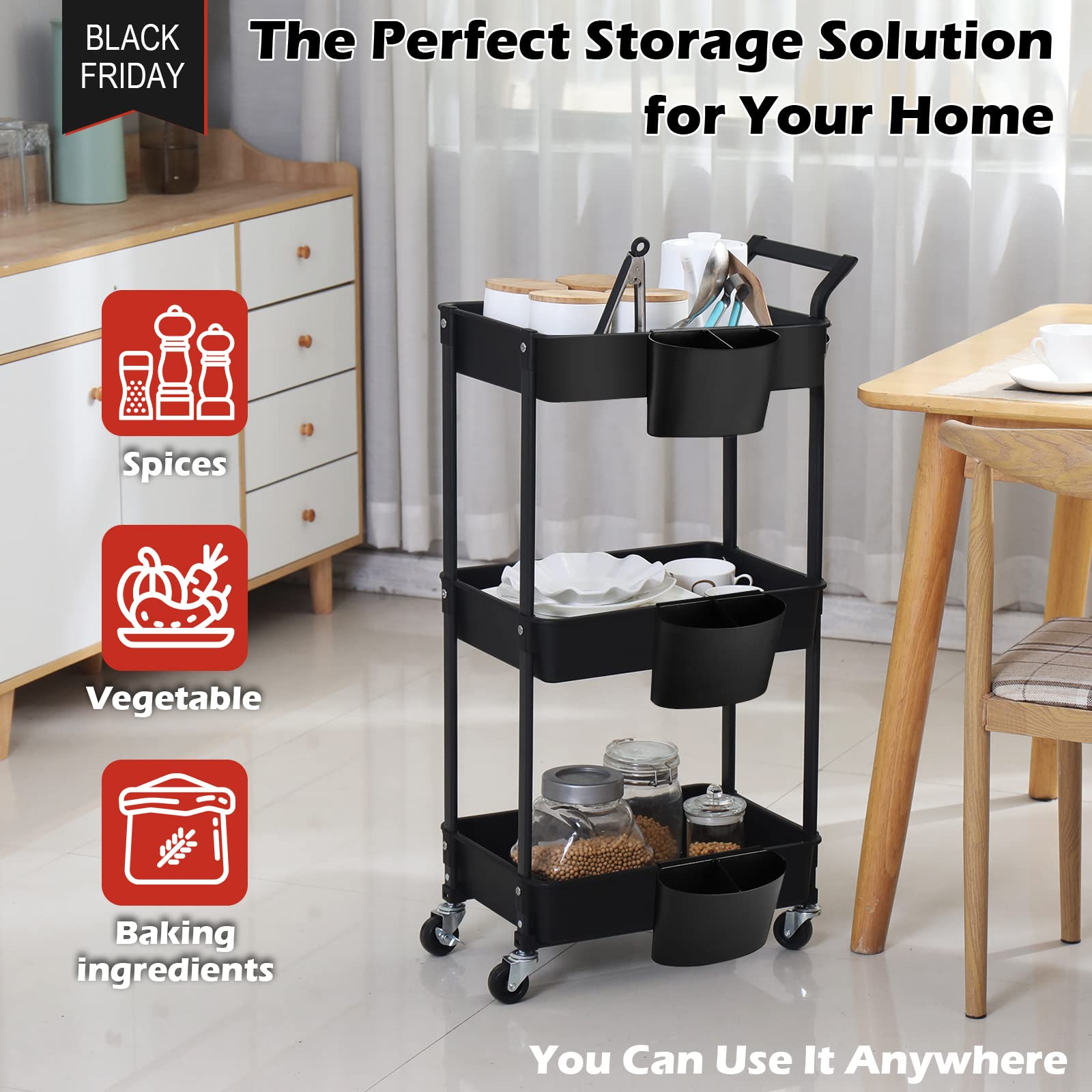 Hamone 3-Tier Utility Rolling Cart,Mobile Utility Cart with Lockable Caster Wheels,Storage Shelves Organizer Cart, 3 Hanging Baskets, Easy Assembly,for Bathroom, Kitchen, Office, Workshop,Black