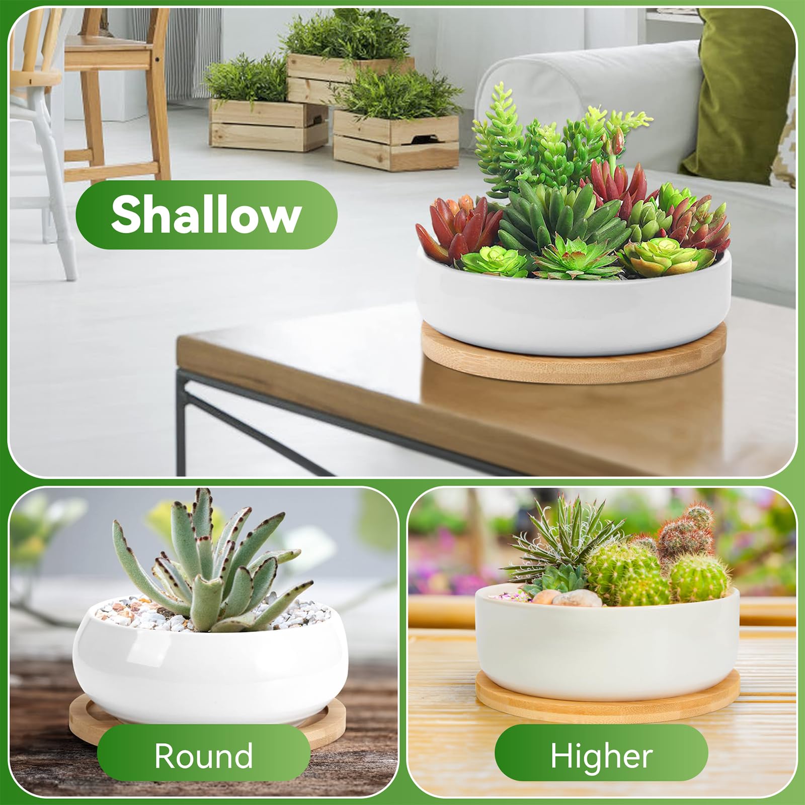 ZOUTOG Succulent Pots, 6 inch White Ceramic Flower Planter Pot with Bamboo Tray, Pack of 2 - Plants Not Included