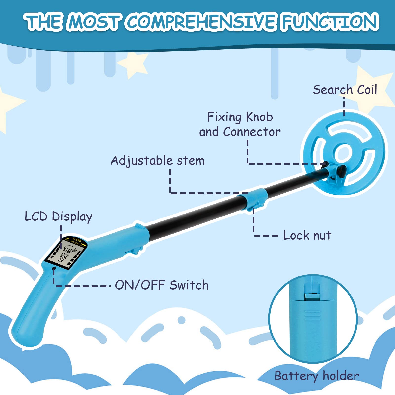 OMMO Metal Detector, Adjustable 27.5”-37.8” Metal Detector for Kids with Intuitive LCD Display, Lightweight Kids Metal Detectors with 6” Search Coil for Exploration Hiking