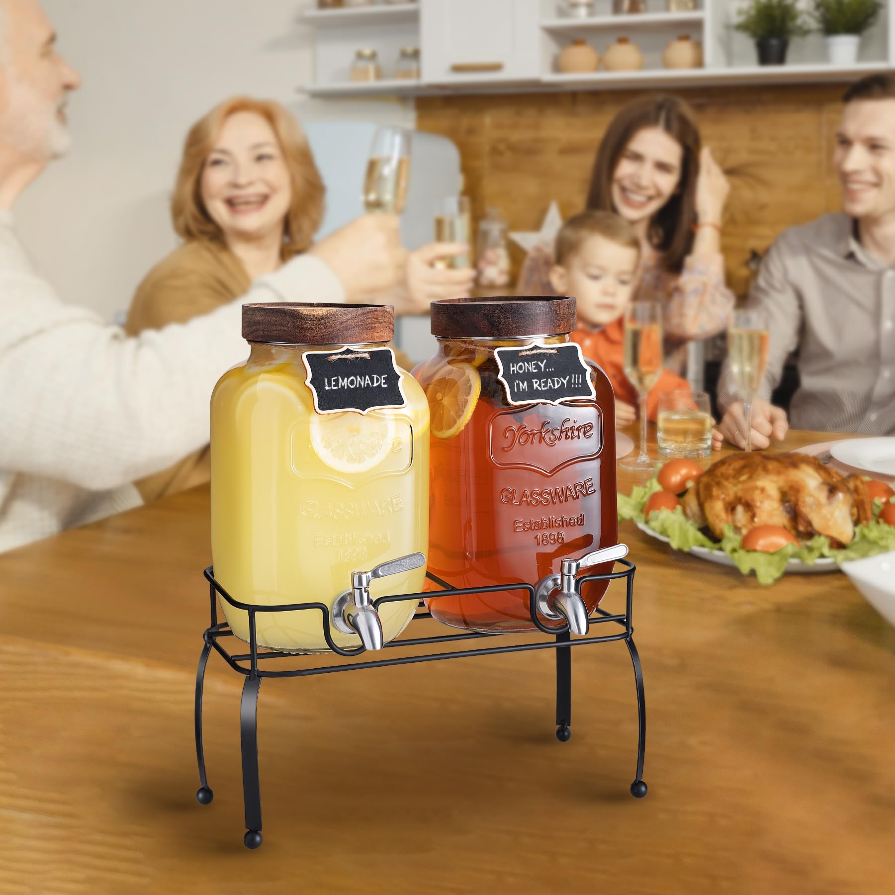 mustry Glass Drink Dispenser for Parties, 1 Gallon Beverage Dispenser with Stand and Spigot Solid Stainless Steel, Used as Lemonade Dispenser Sun Tea Jar Kombucha Jar, Set of 2