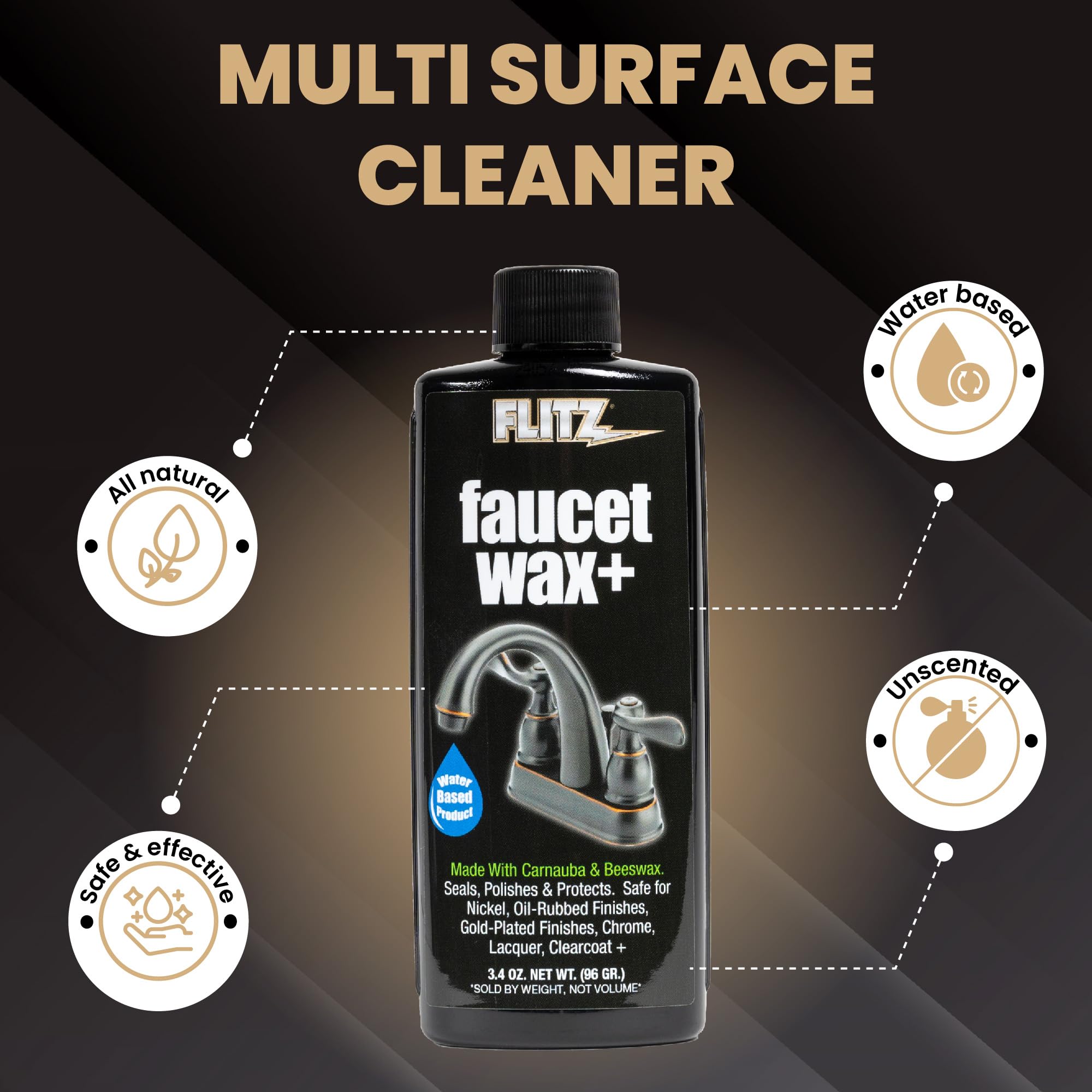 Flitz Faucet Wax - Cleans Metal, Protects Against Fingerprints, Water Spots - Restores Shine - Safe for Nickel, Brass, Copper, Stainless Steel, and More - 3.4 oz