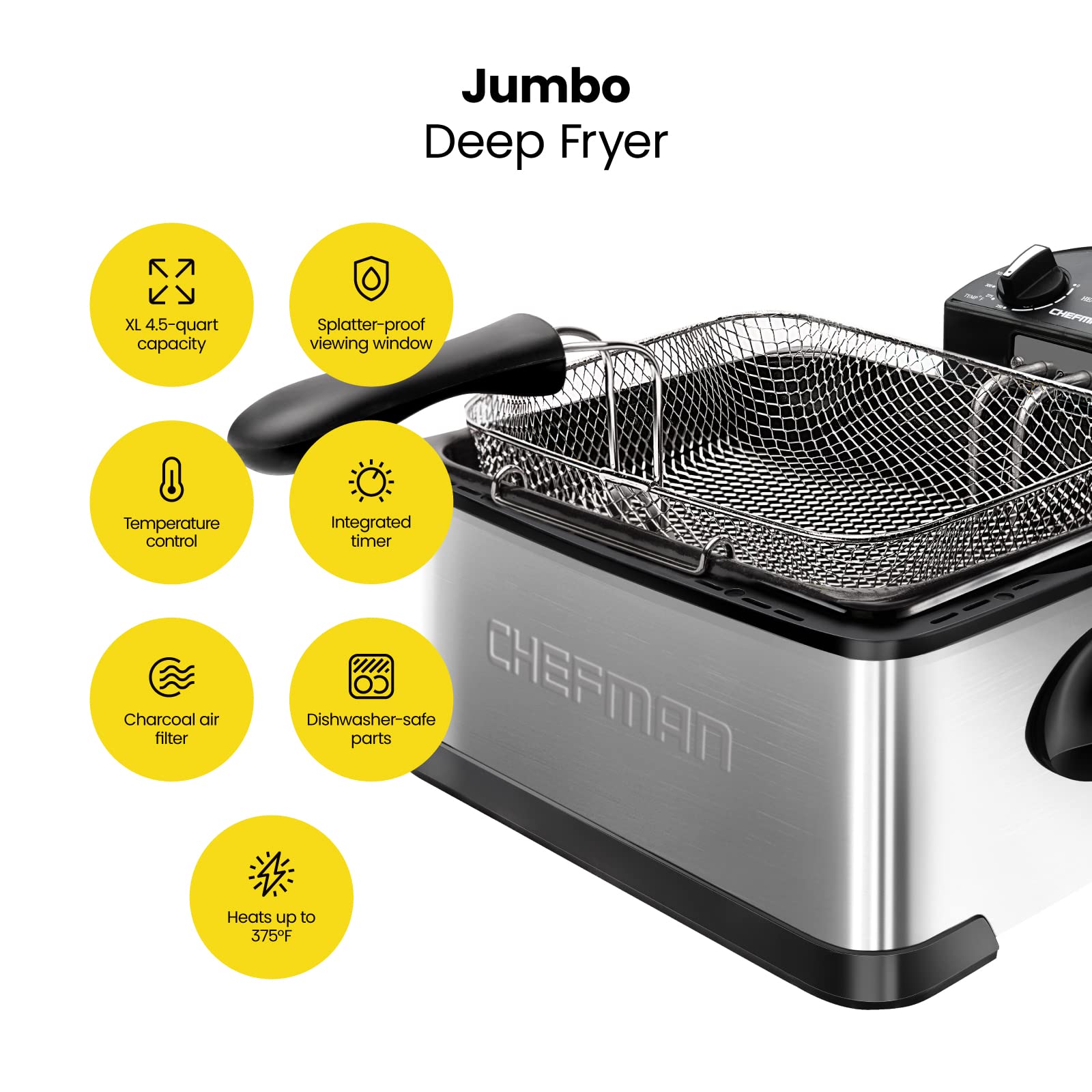 Chefman 4.5 Liter Deep Fryer w/Basket Strainer, XL Jumbo Size, Adjustable Temperature & Timer, Perfect for Fried Chicken, Shrimp, French Fries, Chips & More, Removable Oil-Container, Stainless Steel