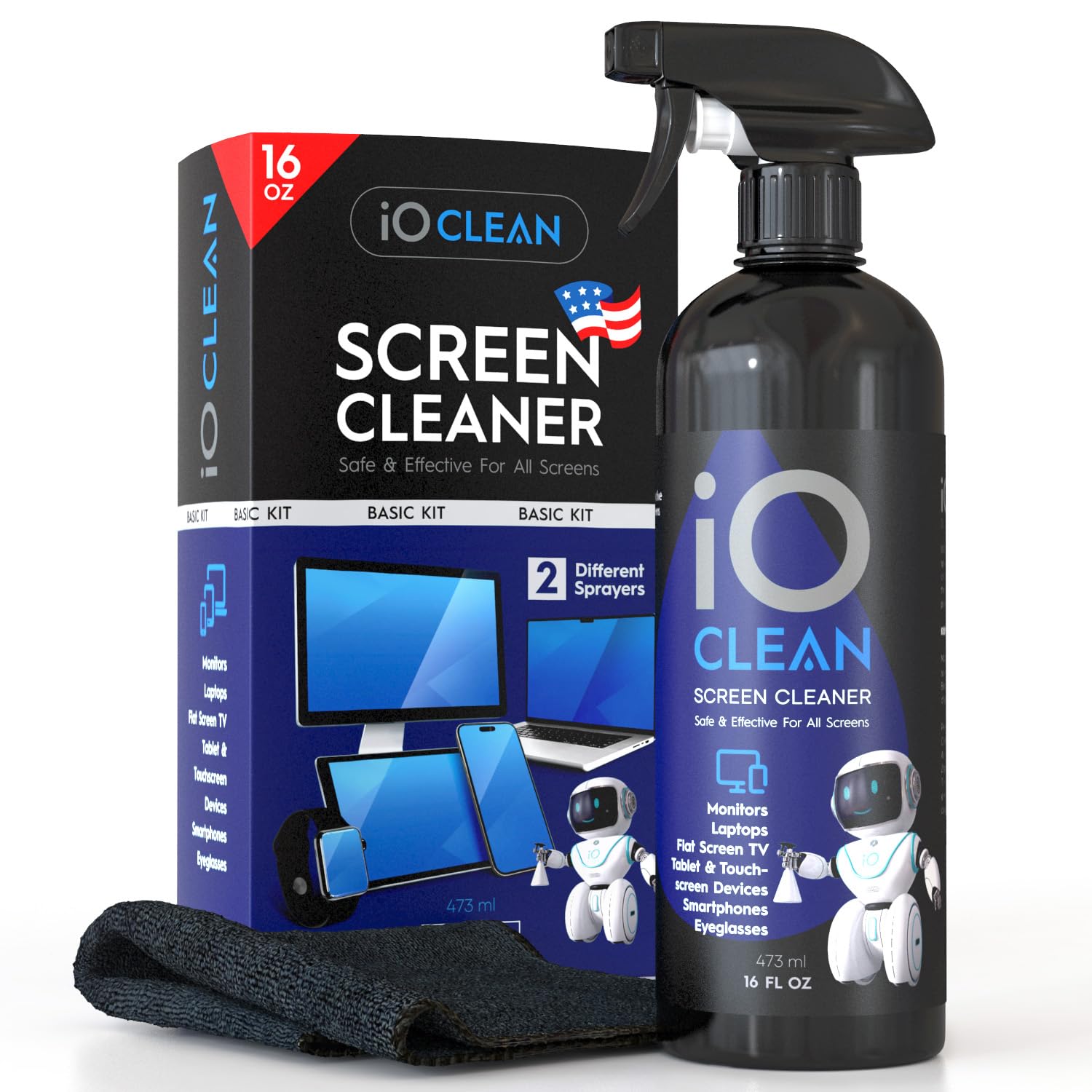Screen Cleaner Spray (16oz - 473ml) Ã¢ÂÂ Best Large Cleaning Kit for LCD LED OLED TV, Smartphone, iPad, Laptop, Touchscreen, Computer Monitor, Electronic Devices, Microfiber Cloth Wipes and 2 Nozzles
