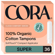 Cora Organic Applicator Tampons | Super Absorbency | 100% Organic Cotton, Unscented, BPA-Free Compact Applicator | Leak Protection, Easy Insertion | Packaging May Vary | 36 Total