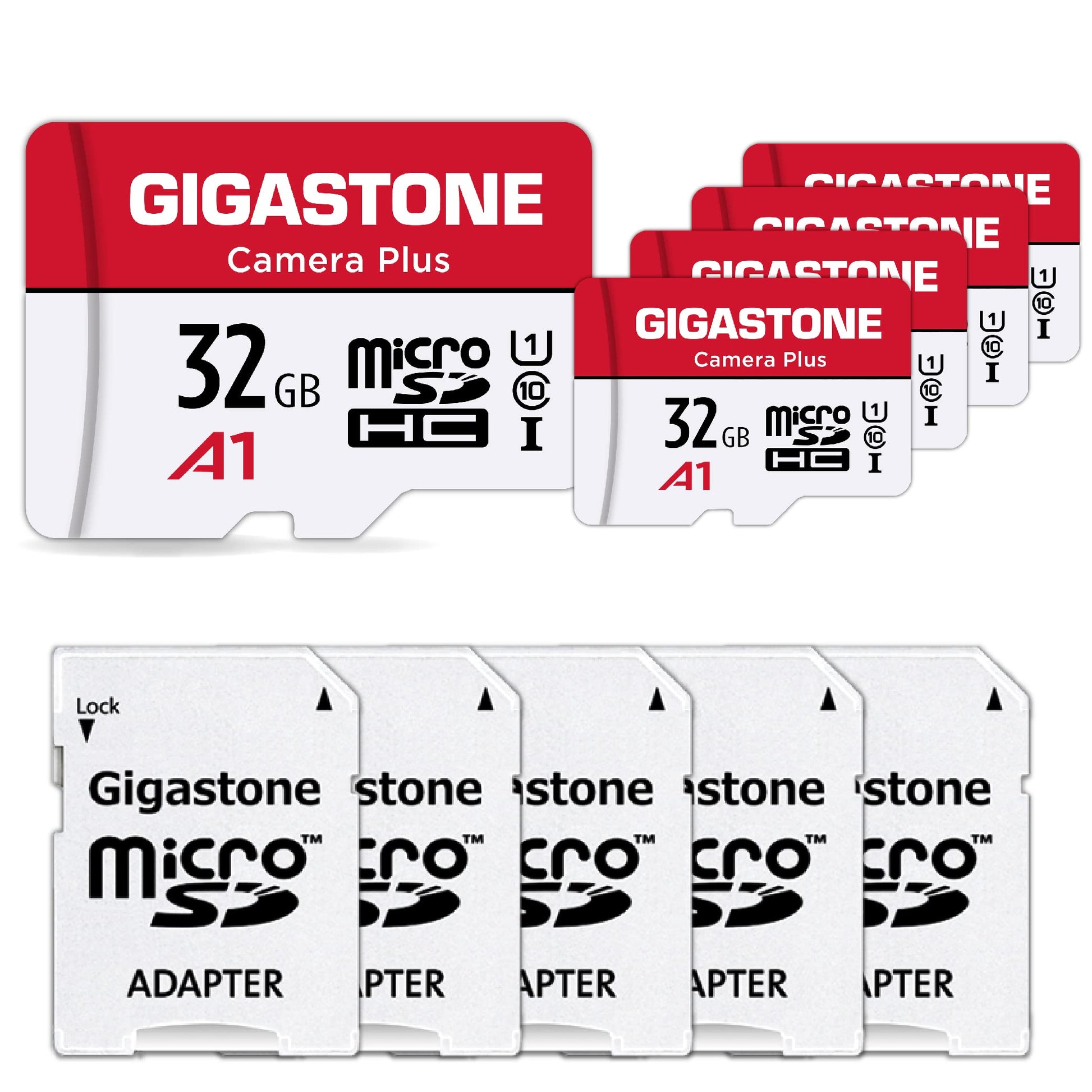 GIGASTONE 32GB Micro SD Card 5-Pack, MicroSDHC Memory Cards for Security Cameras, Wyze Cam, Roku, Full HD Video Recording, UHS-I U1 A1 Class 10, up to 90MB/s, with Adapter