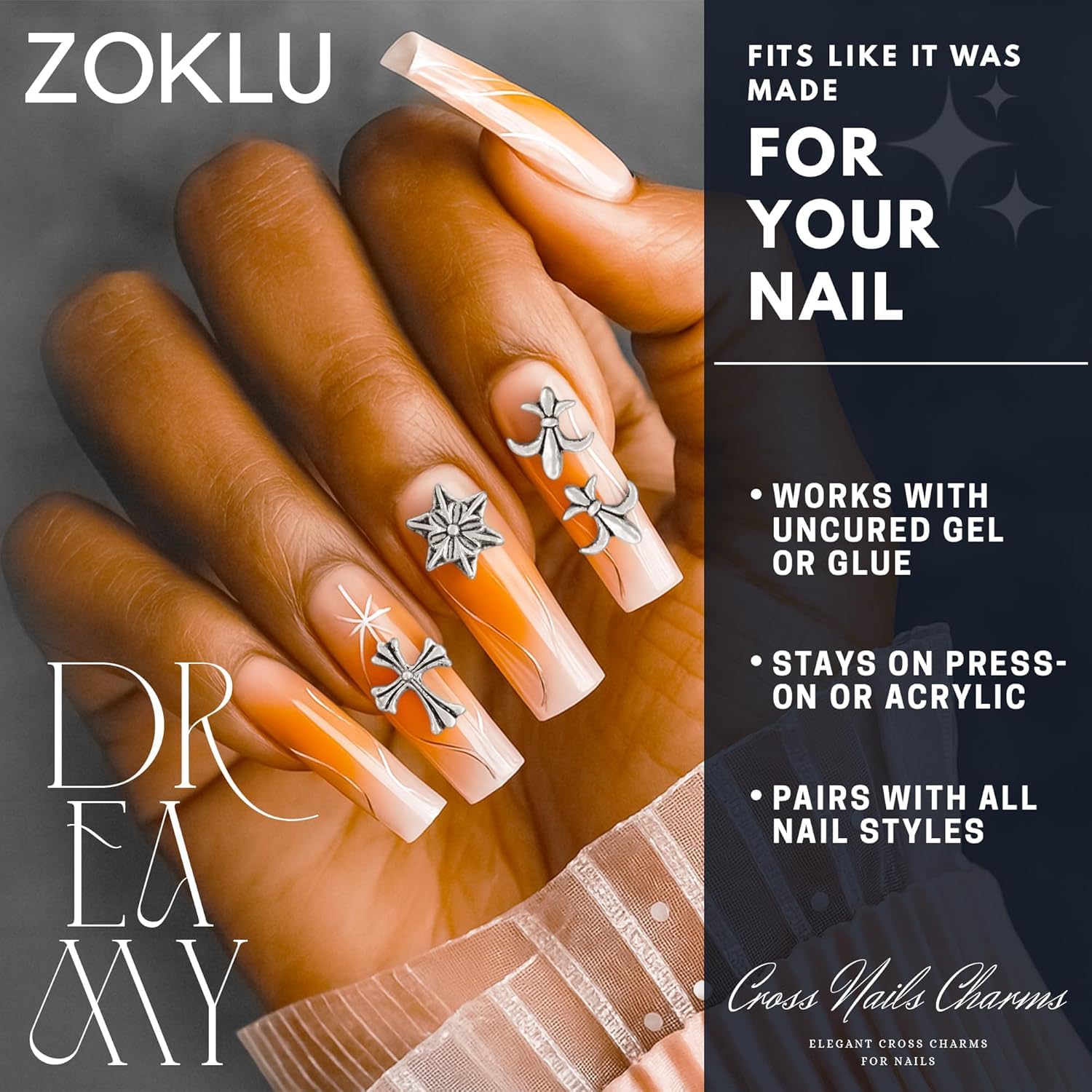 100 Pcs Silver Cross Nail Charms and Gems – 3D Acrylic Cross Charms for Nails for DIY & Professional Manicure – Easy-to-Apply & Durable Nail Decorations, Versatile for Y2K & Nail Studs