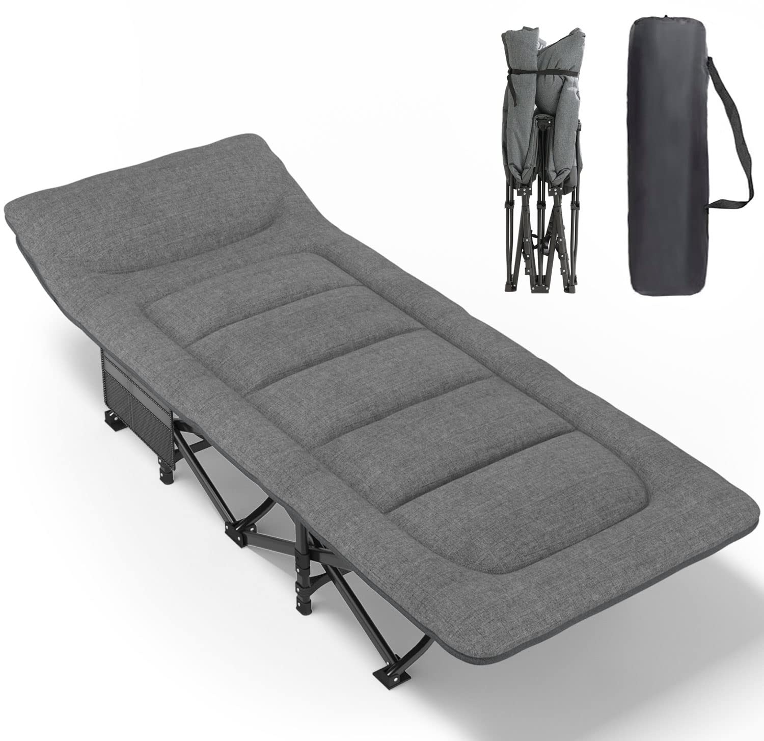ATORPOK Campingliege für Erwachsene mit Kissen und Kopfkissen, tragbares Klappbett zum Schlafen, leichtes Zeltbett mit Tragetasche, belastbar bis 200 kg (Grau)