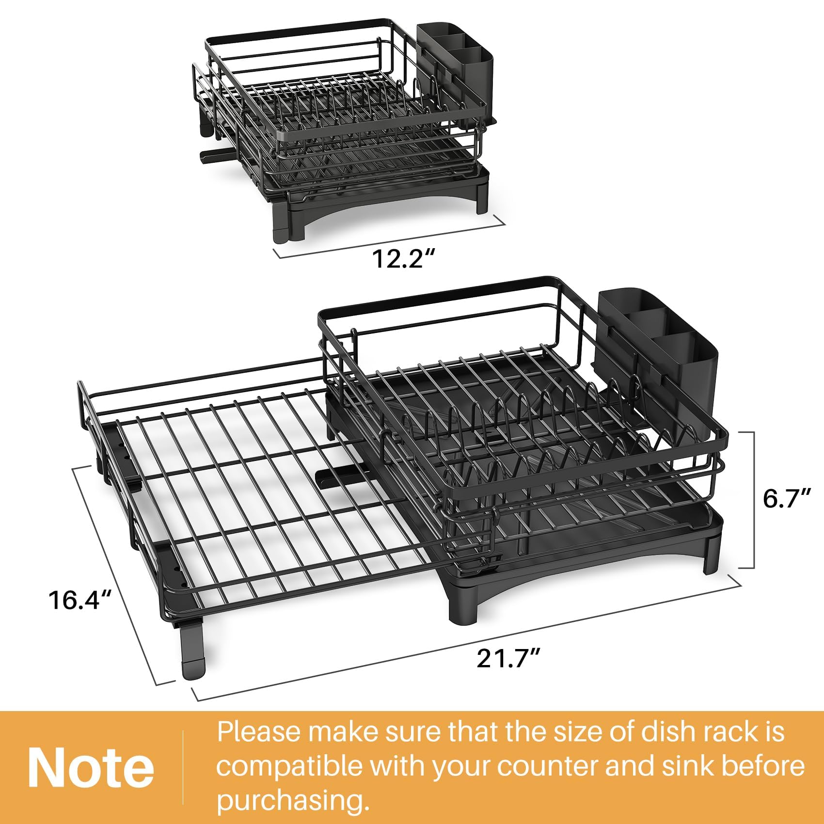 Dish Drying Rack - Extendable Dish Rack, Large Sink Drying Dish Drainer for Kitchen Counter, Stainless Steel Dish Strainer with Utensil Holder (Black)