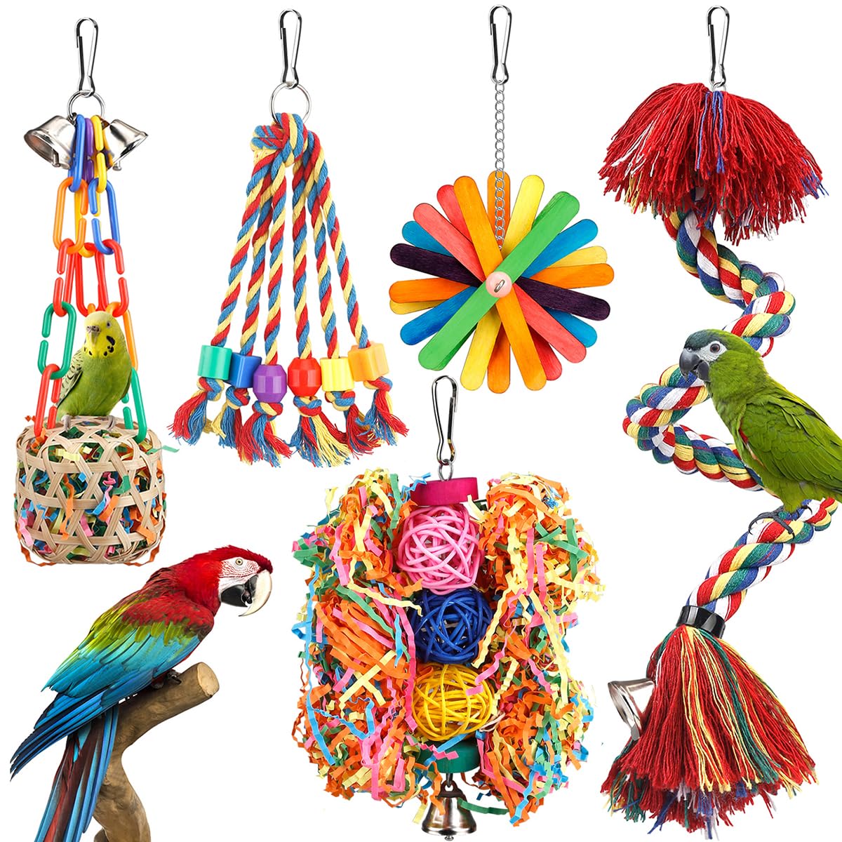 Bird Toys Rope Perch with Bell Colorful Bird Chewing Shredding Foraging Toys Parrot Swing Climbing Standing Hanging Toys Cage Accessories for Conure Cockatiel Budgies Lovebird