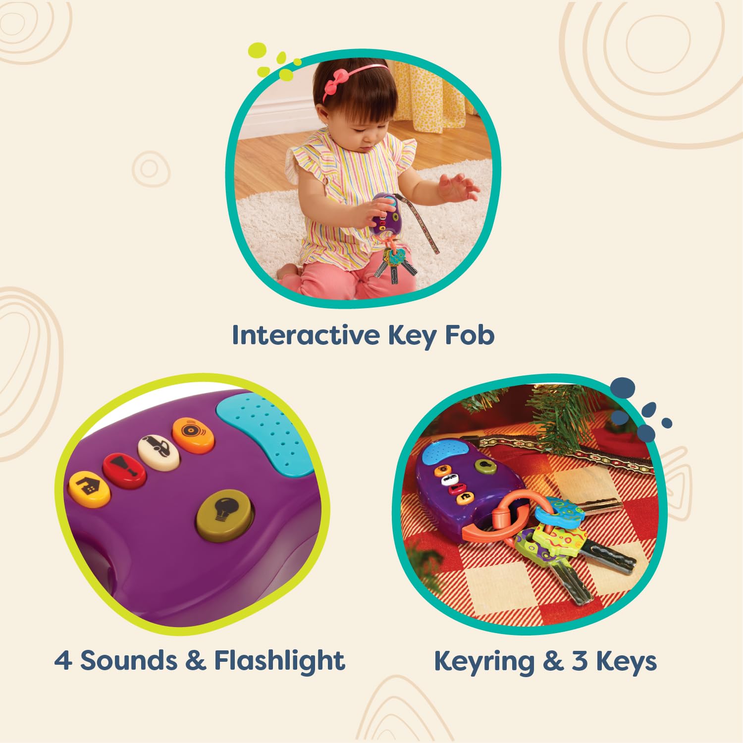 B. toys – Toy Car Keys – Key Fob with Lights & Sounds – Interactive Baby Toy – Pretend Keys for Babies, Toddlers – 10+ Months – FunKeys – Purple