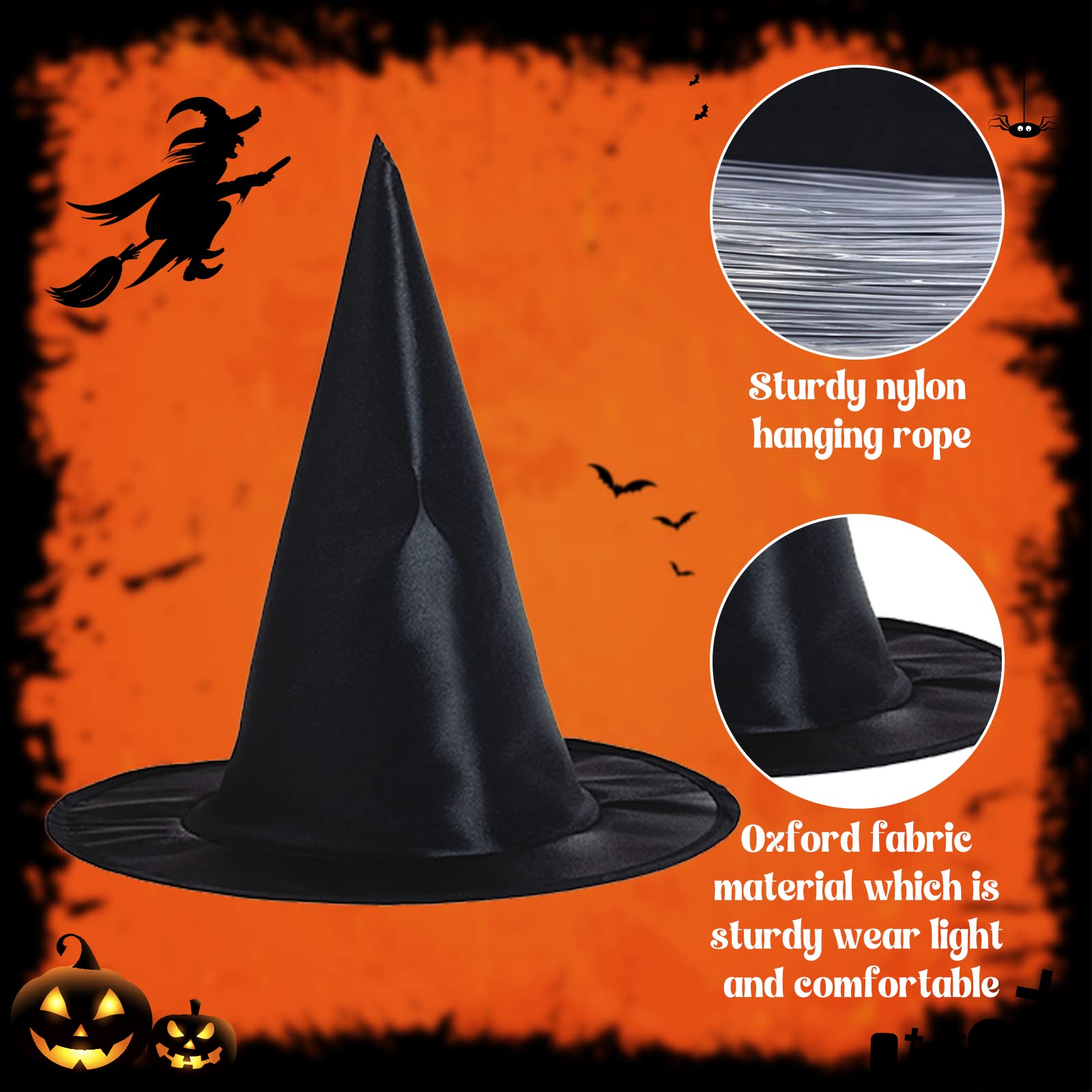 Halloween Witch Hats for Halloween Decoration, 8PCS Black Witch Hats, 32PCS 3D Bats, Black Witch Hats Hanging, Witch Cap Accessory for Halloween