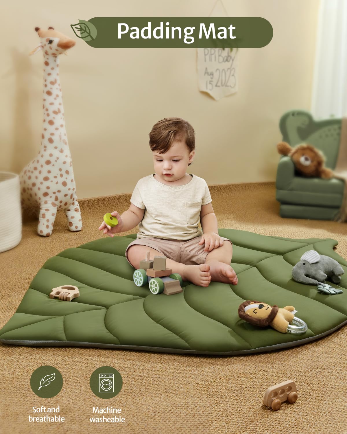 Blissful Diary Baby Play Gym & Activity Mat, Oversize Leaf Shaped Baby Play Mat w 6 Detachable Toys, Tummy Time Mat Promote Motor Skills & Sensory Development Mat, Newborn Infant Baby Essentials Gift