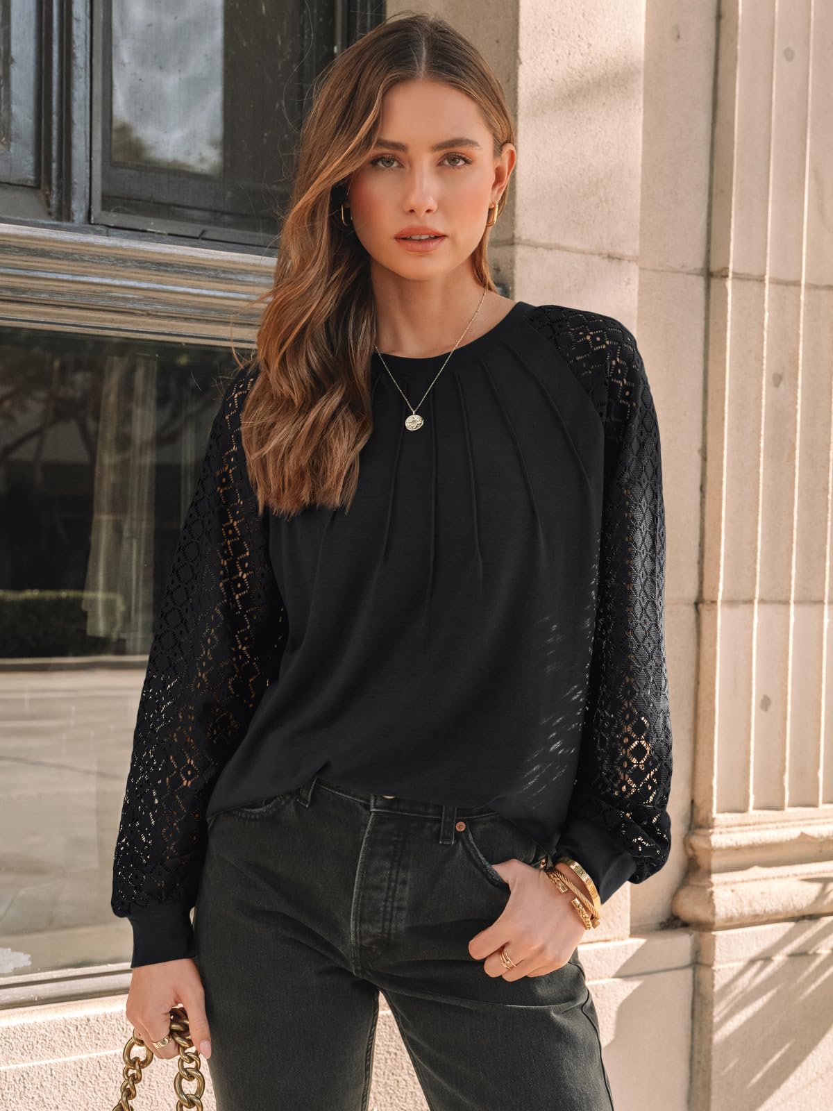 AUTOMET Womens Long Sleeve Shirts Lace Tops Business Casual Blouses 2025 Fall Fashion Teacher Outfits Trendy Clothes Knit T Y2k Ladies Dressy Work Professional Clothing Black M