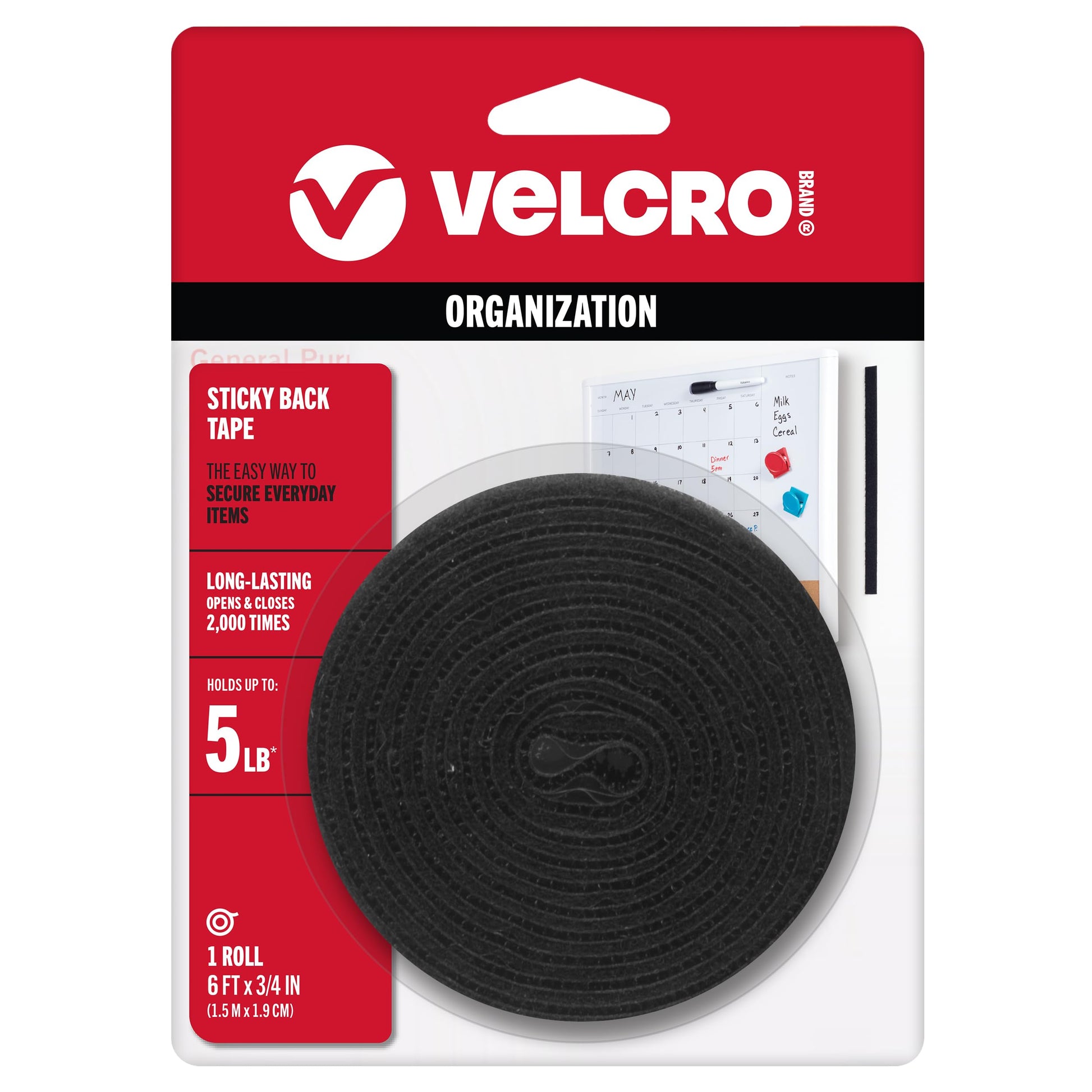 VELCRO Brand 5 Ft x 3/4 In | Black Tape Roll with Adhesive | Cut Strips to Length | Sticky Back Hook and Loop Fasteners | Perfect for Home, Office or Classroom