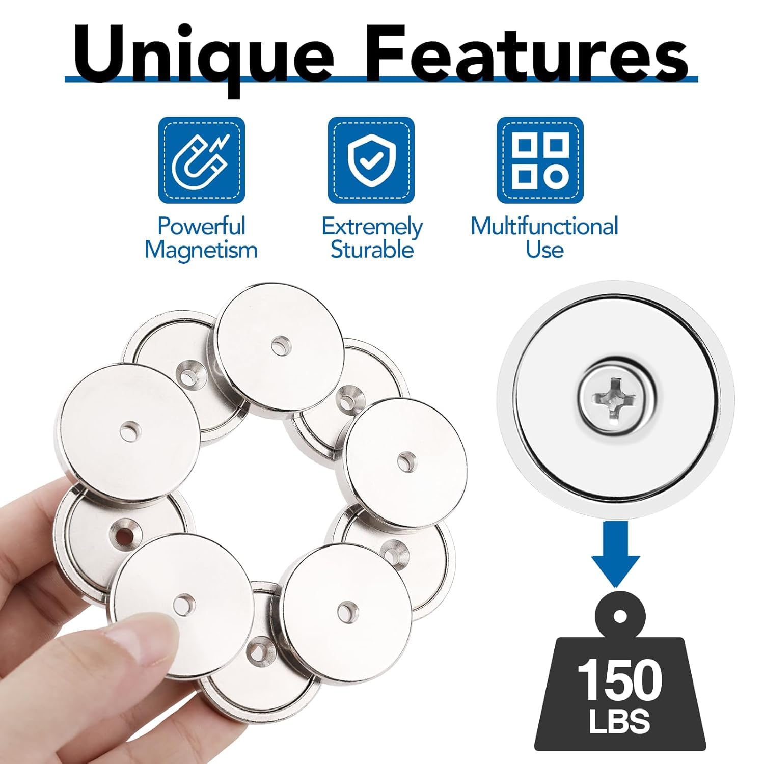LOVIMAG Strong Magnets, 150lb+ Waterproof Strong Neodymium Cup Magnets with Screws for Wall Mounting,Rare Earth Magnet with Holes for Holding Tools Lifting, Hanging(Silver, 6 Pack)