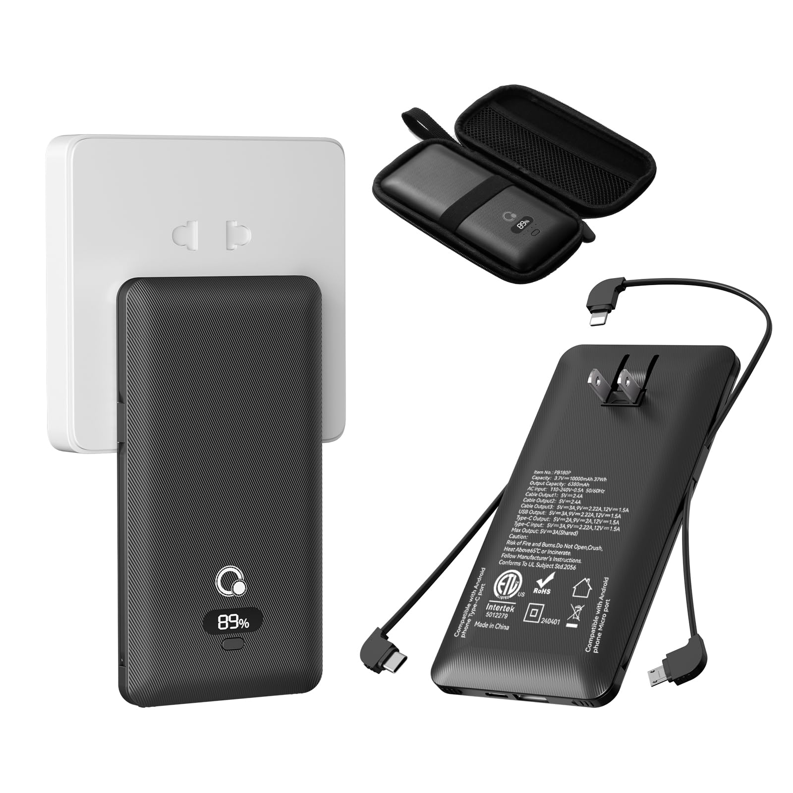 10000mAh Portable Charger with Built-in Cables and AC Wall Plug, USB C Fast Charging Power Bank with 3 Cords,5 Output External Battery Pack Compatible with iPhone,Tablet and All Smart Phones Black