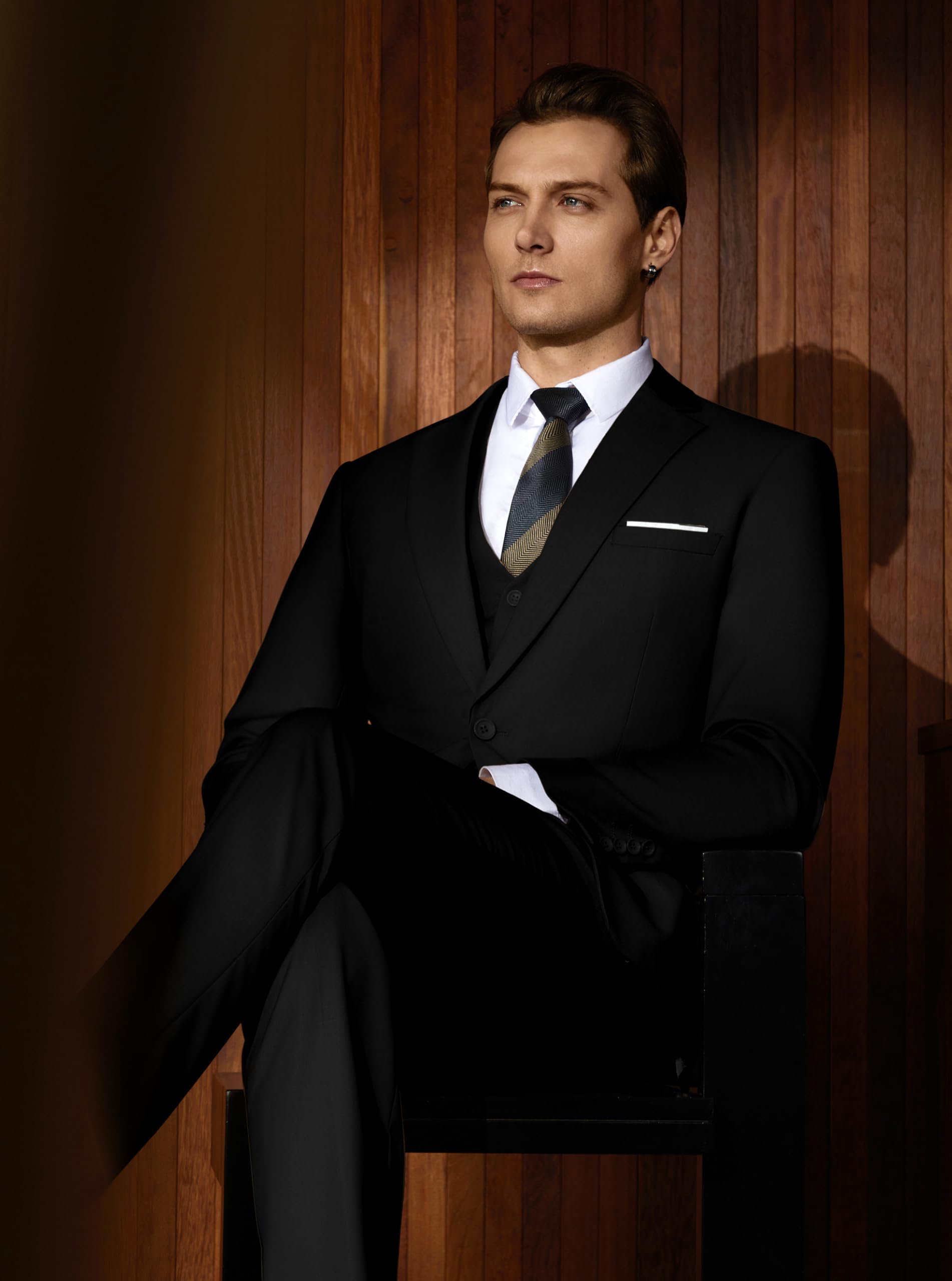 WULFUL Men’s Slim Fit Suit One Button 3-Piece Blazer Dress Business Wedding Party Jacket Vest & Pant Black