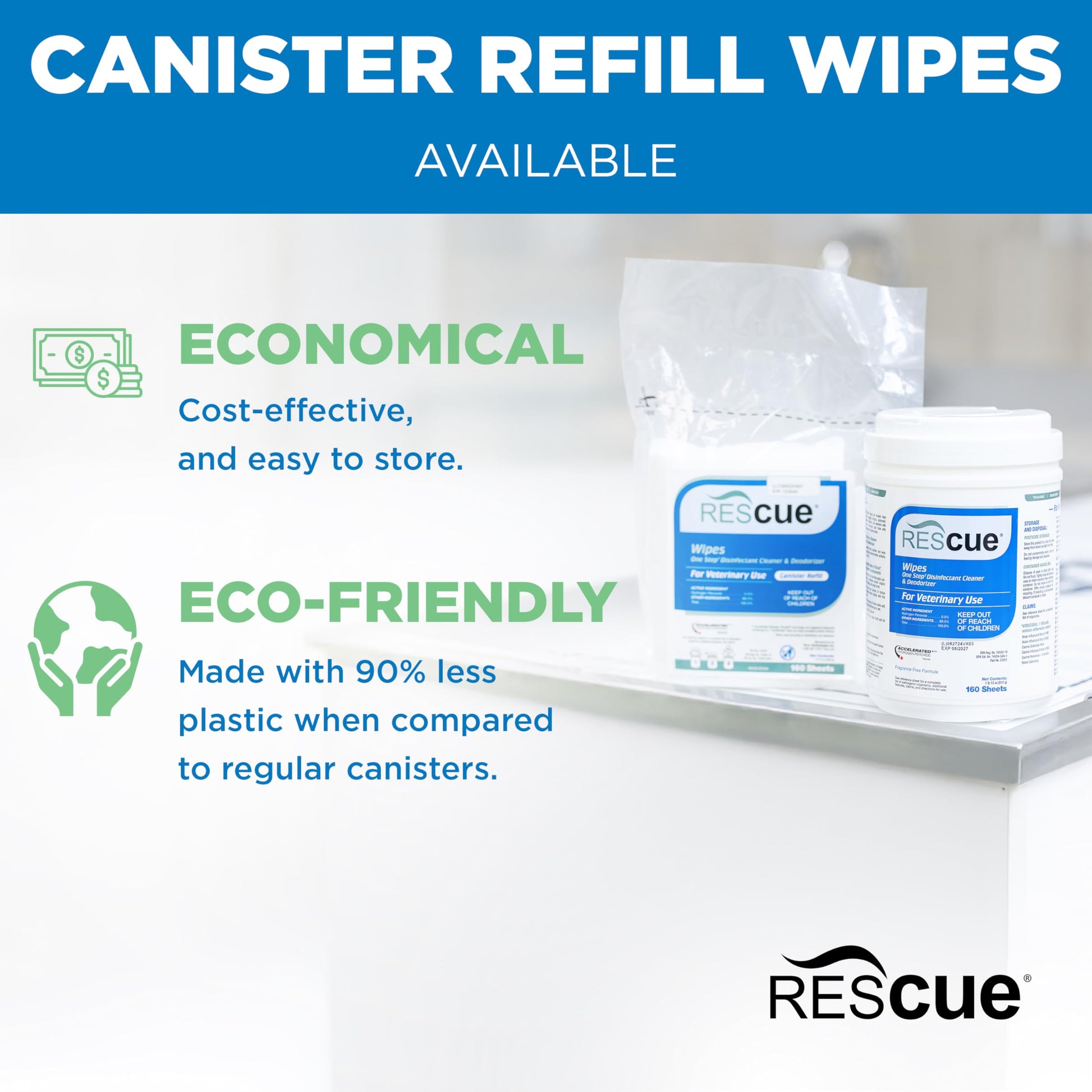 REScue One-Step Disinfectant Cleaner & Deodorizer Wipes for Vet Use – Cleaner for Kennels, Litter Boxes, Vet Offices, Pet Grooming Surfaces, Pet Items – Wipes Canister, 160-Count (Pack of 1)
